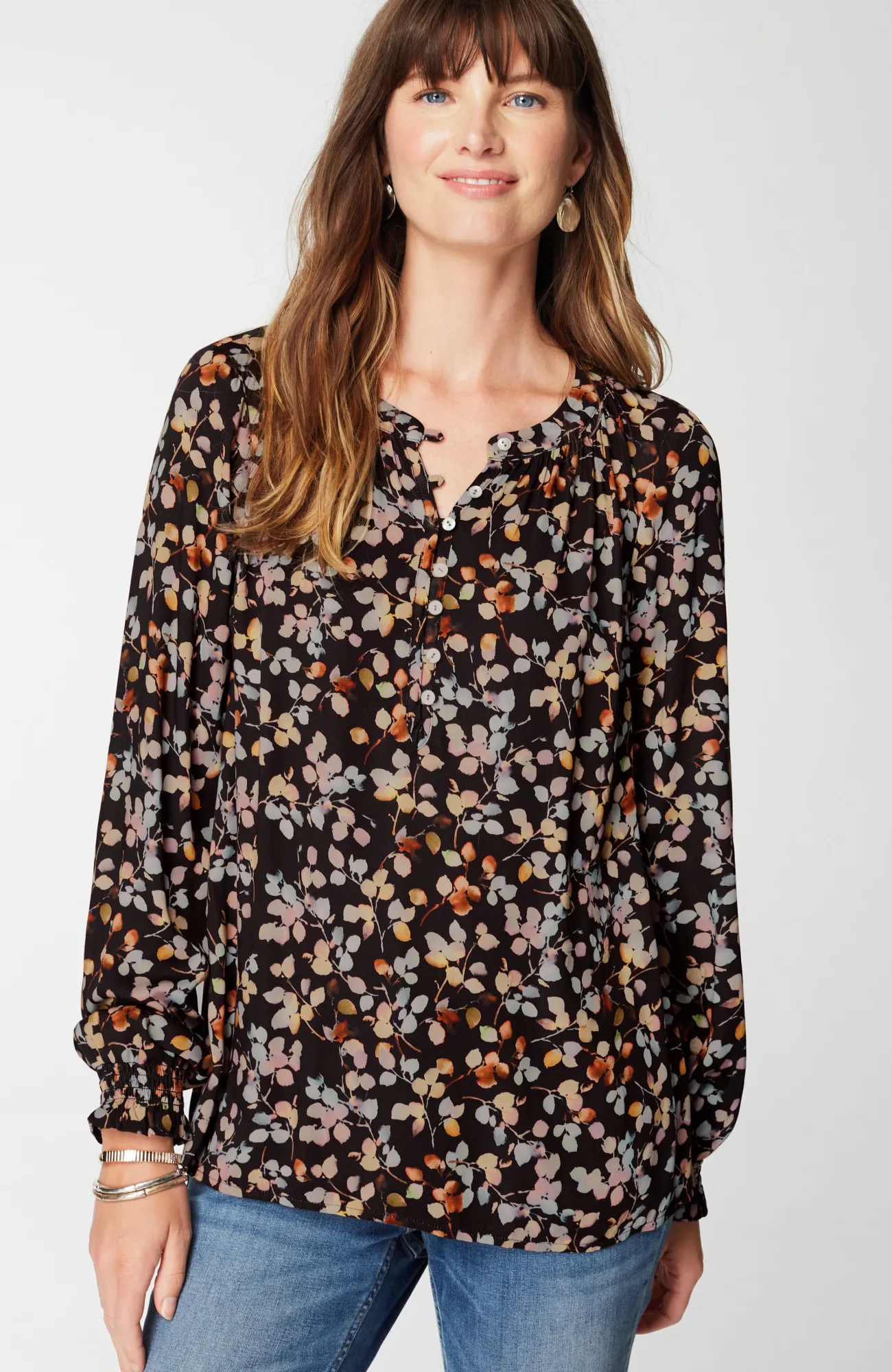 J.Jill Artistic Leaves Printed Satin Top Black Artistic Leaves Discount