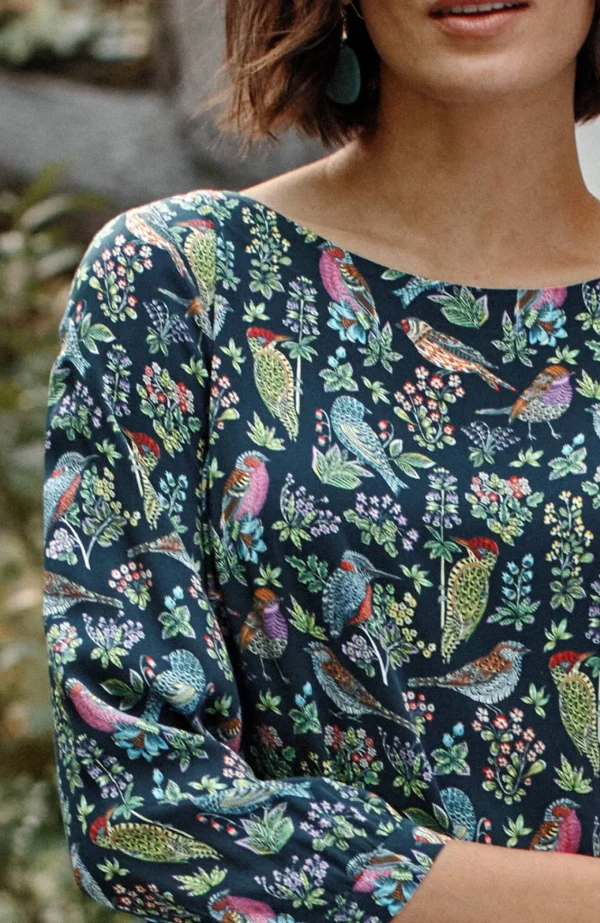 J.Jill Bird-Printed Boat-Neck Top Navy Blue Vibrant Birds Hot