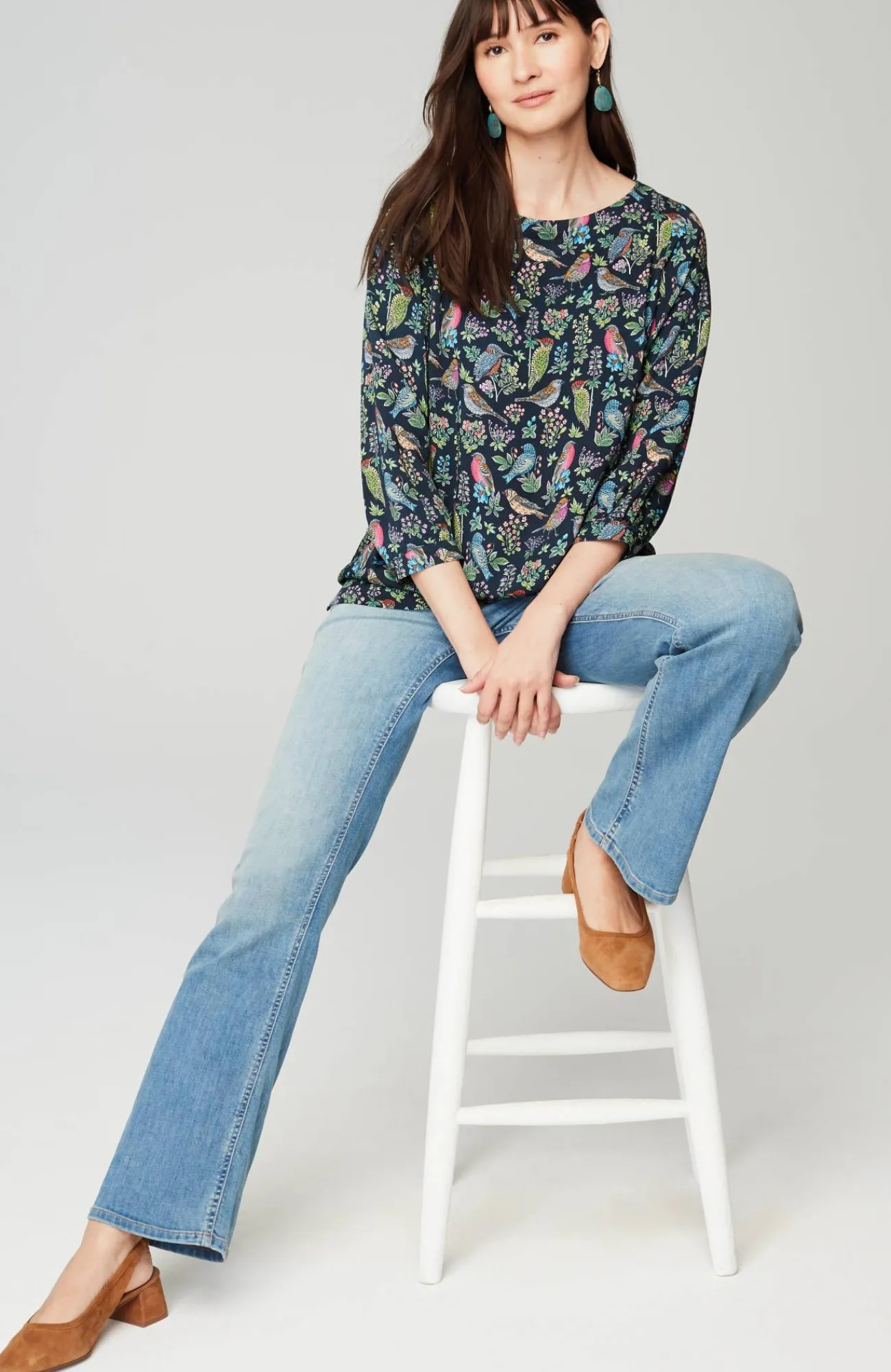 J.Jill Bird-Printed Boat-Neck Top Navy Blue Vibrant Birds Hot