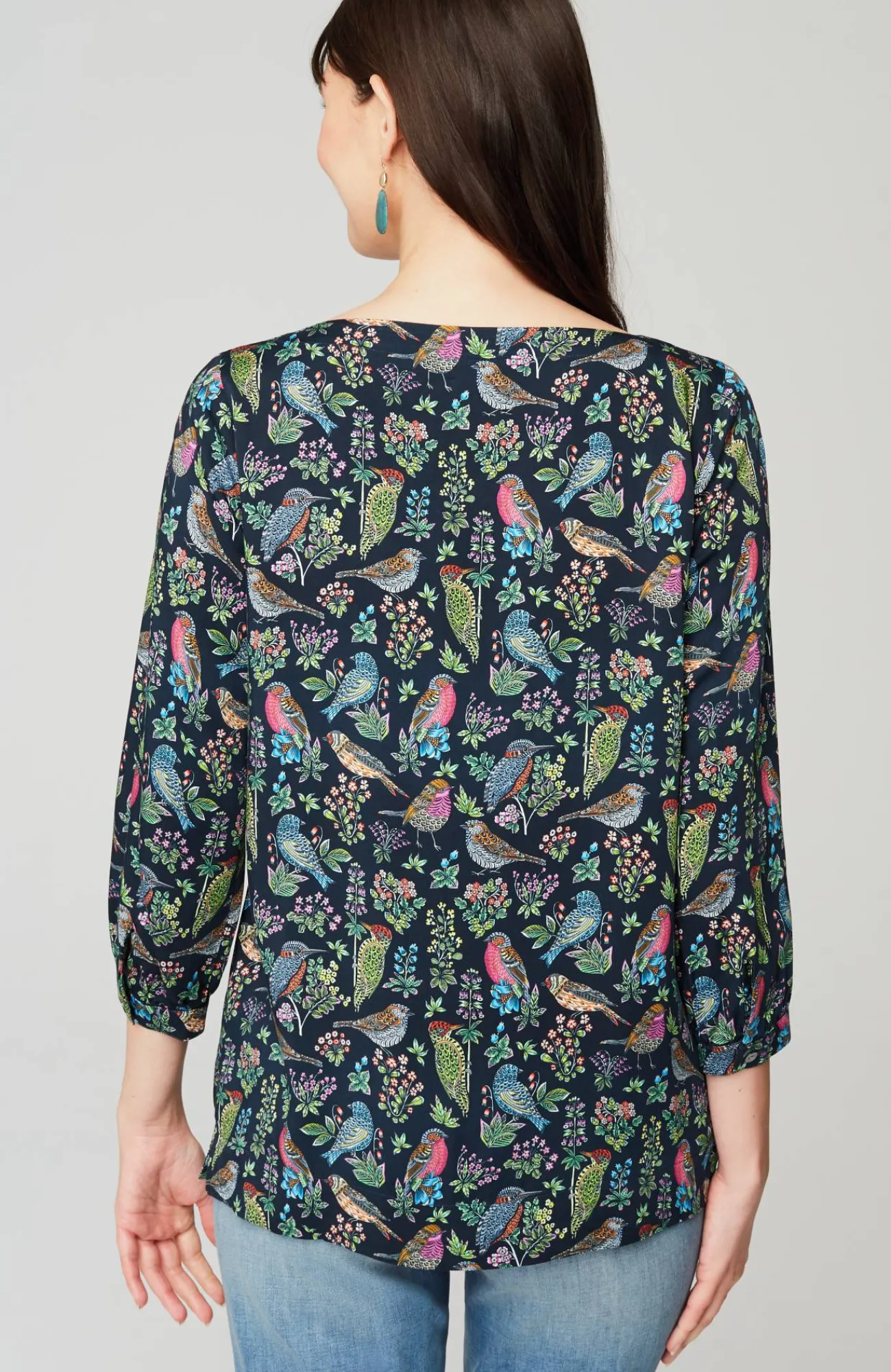J.Jill Bird-Printed Boat-Neck Top Navy Blue Vibrant Birds Hot