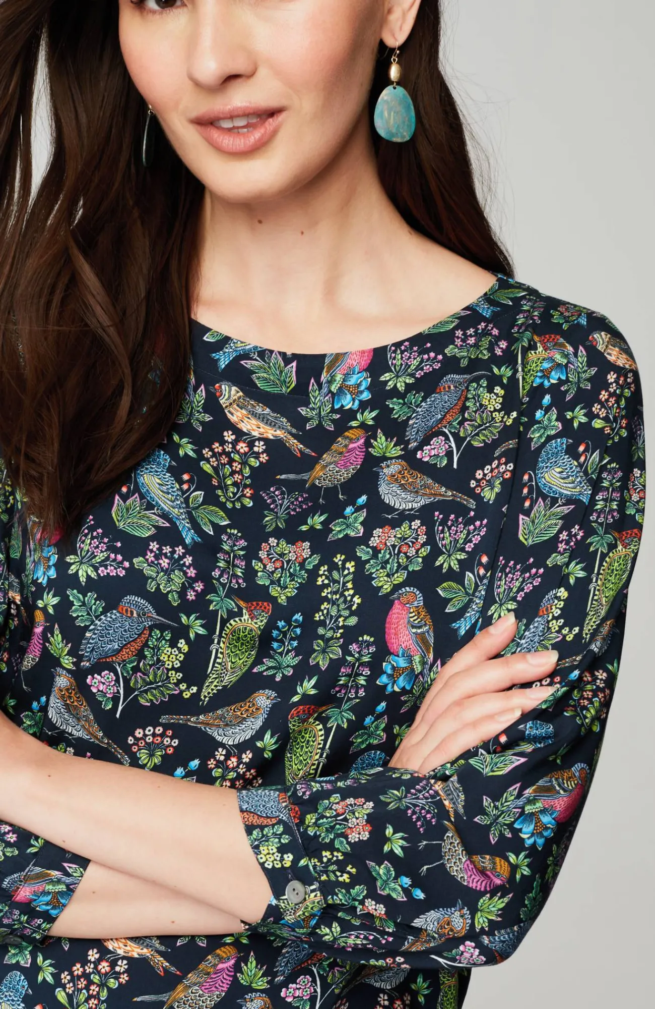 J.Jill Bird-Printed Boat-Neck Top Navy Blue Vibrant Birds Hot