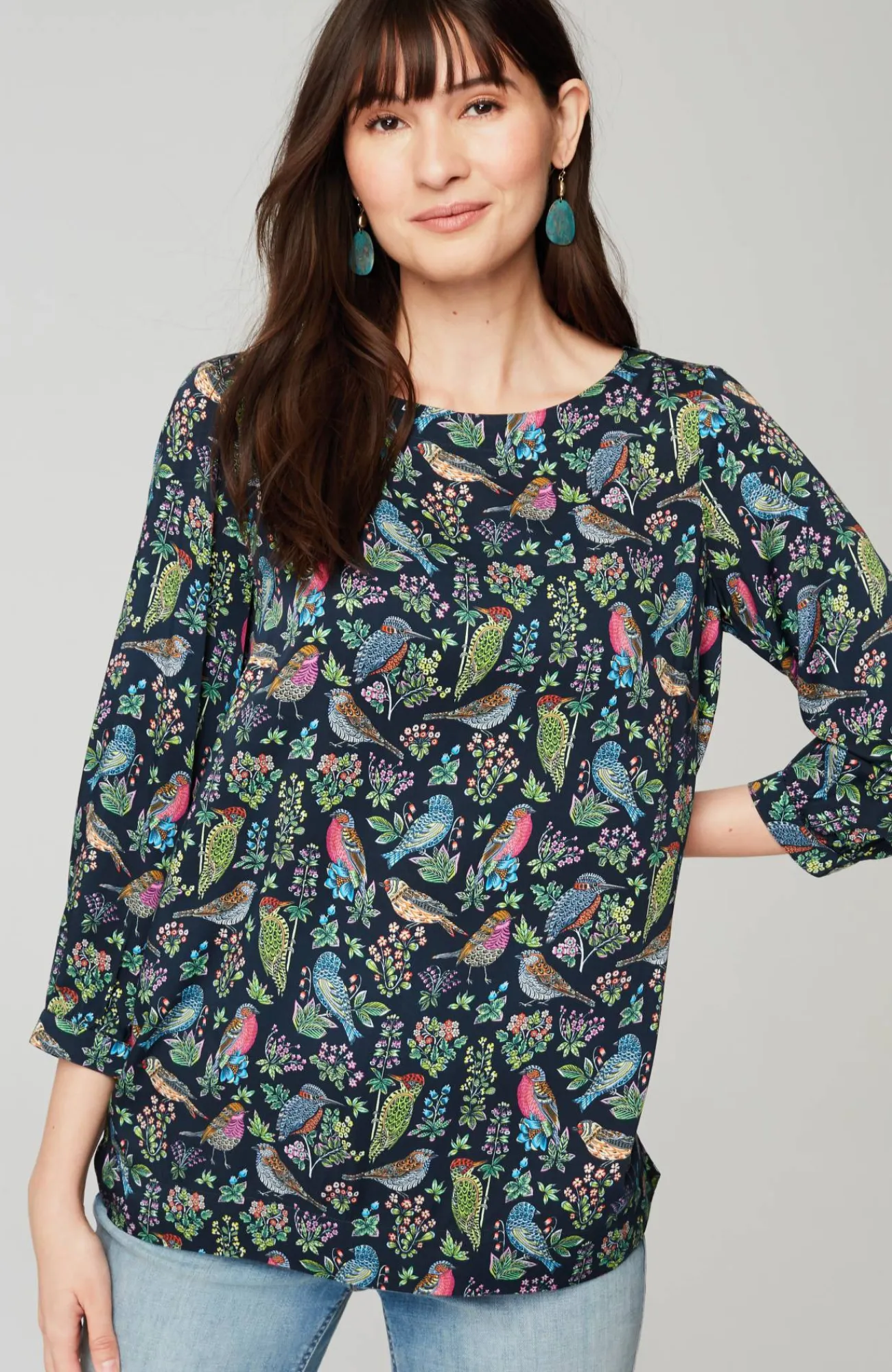 J.Jill Bird-Printed Boat-Neck Top Navy Blue Vibrant Birds Hot