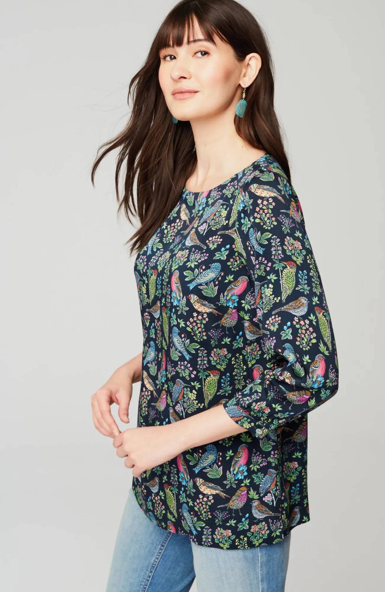 J.Jill Bird-Printed Boat-Neck Top Navy Blue Vibrant Birds Hot