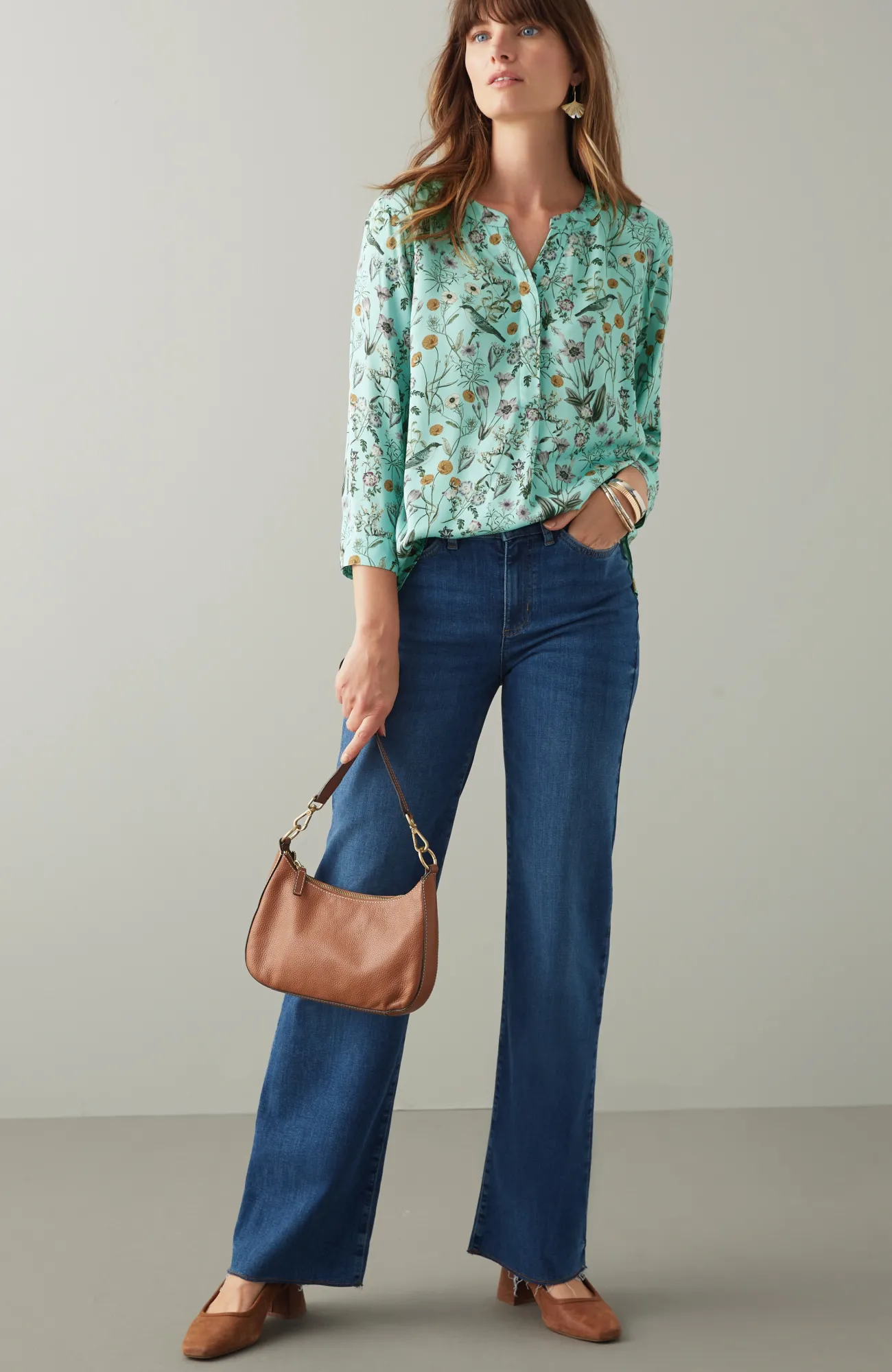 J.Jill Botanical Birds Printed Satin Top Celadon Botanical Garden Best Sale