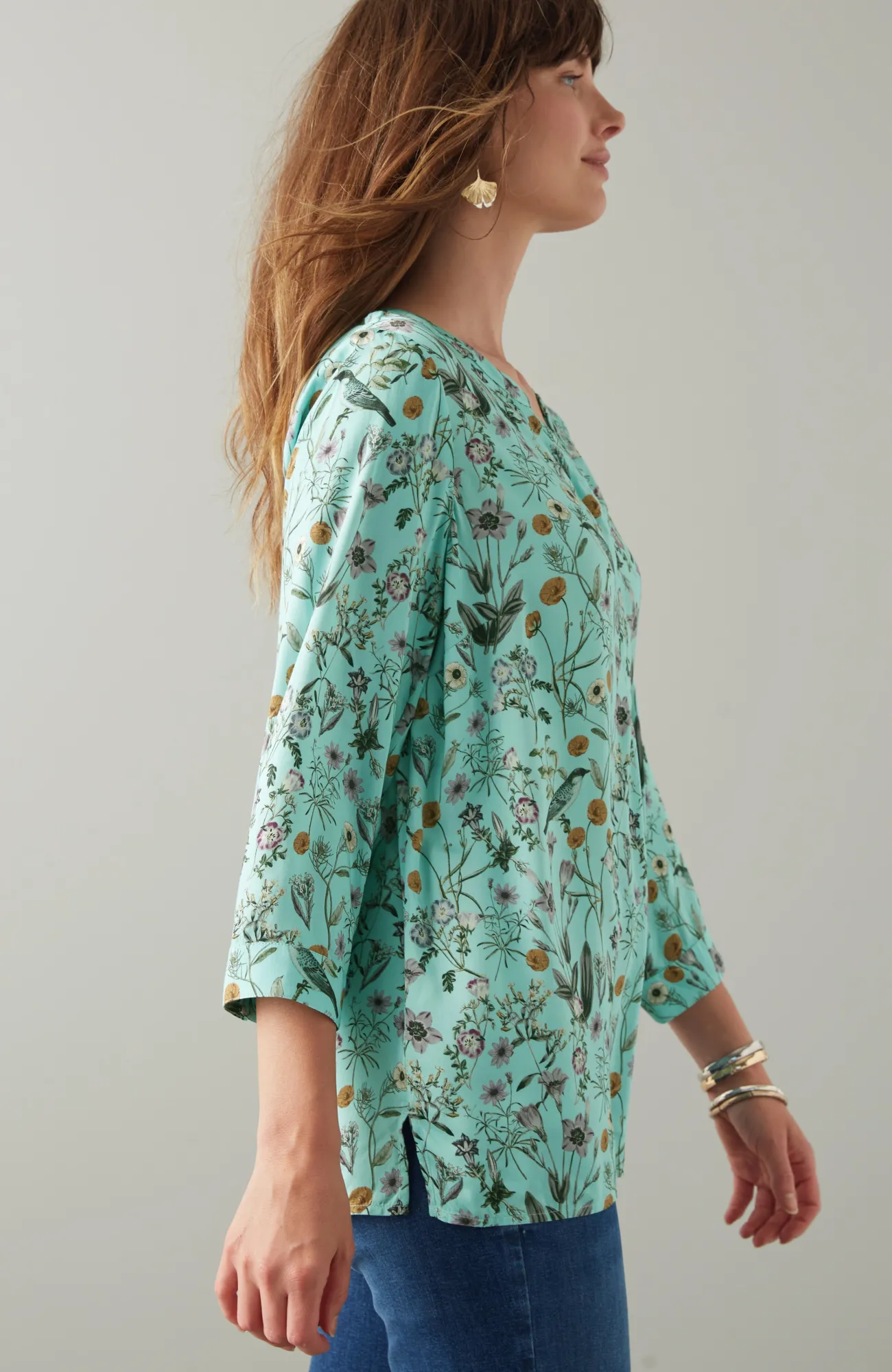 J.Jill Botanical Birds Printed Satin Top Celadon Botanical Garden Best Sale