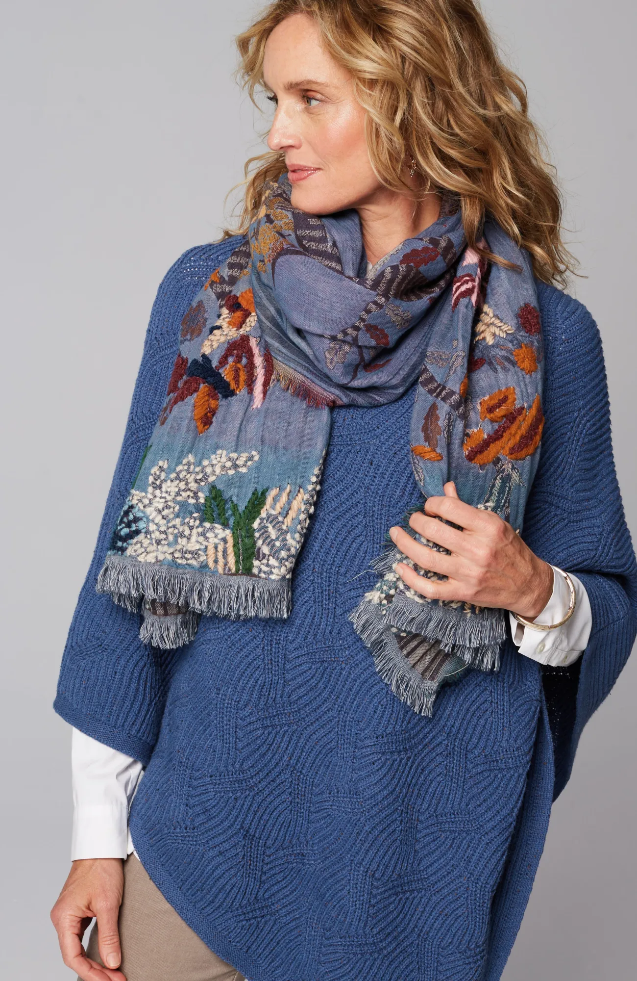 J.Jill Compassion Fund Embroidered Birds Jacquard Scarf Bordeaux Multi Discount