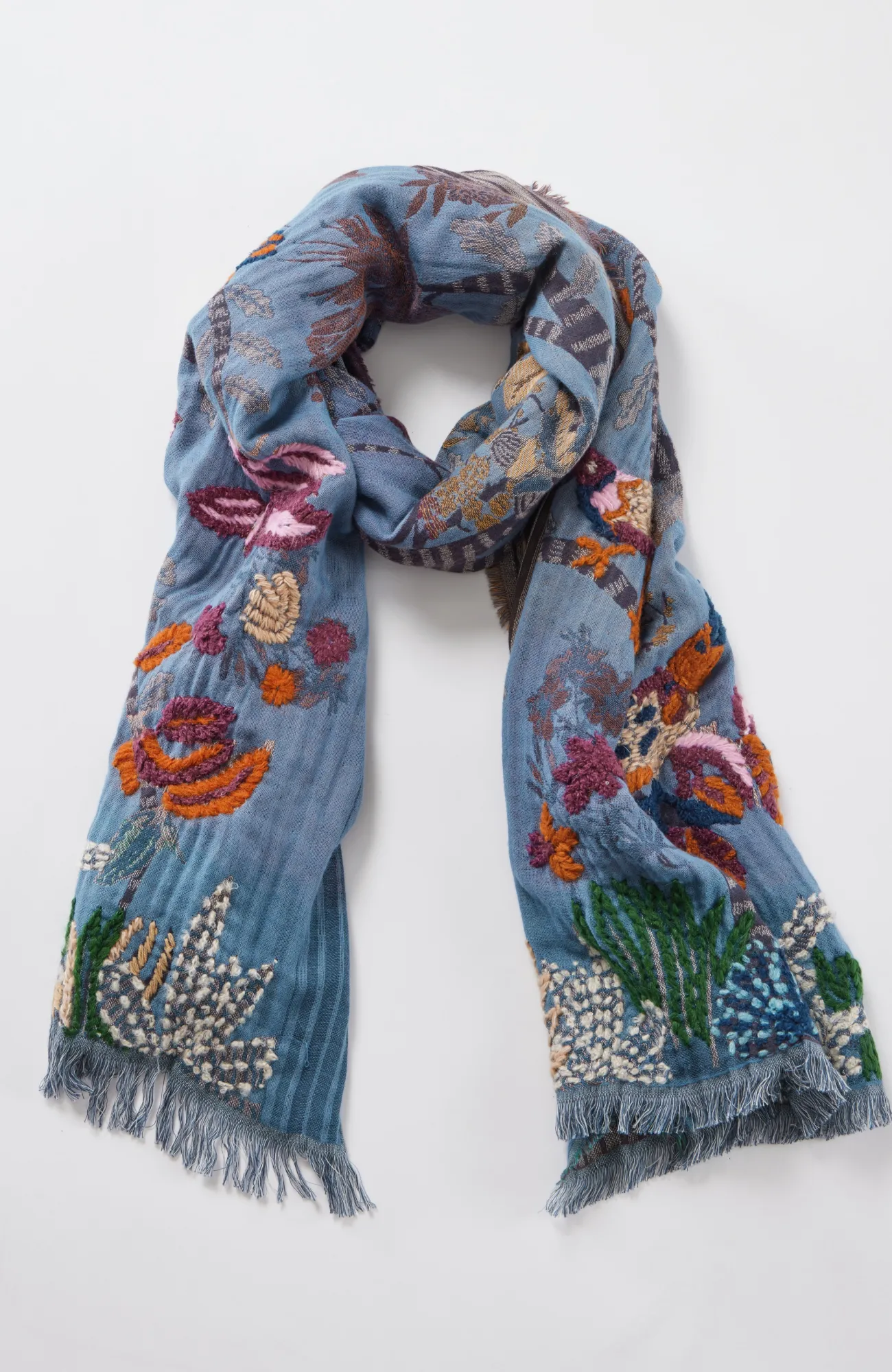 J.Jill Compassion Fund Embroidered Birds Jacquard Scarf Bordeaux Multi Discount
