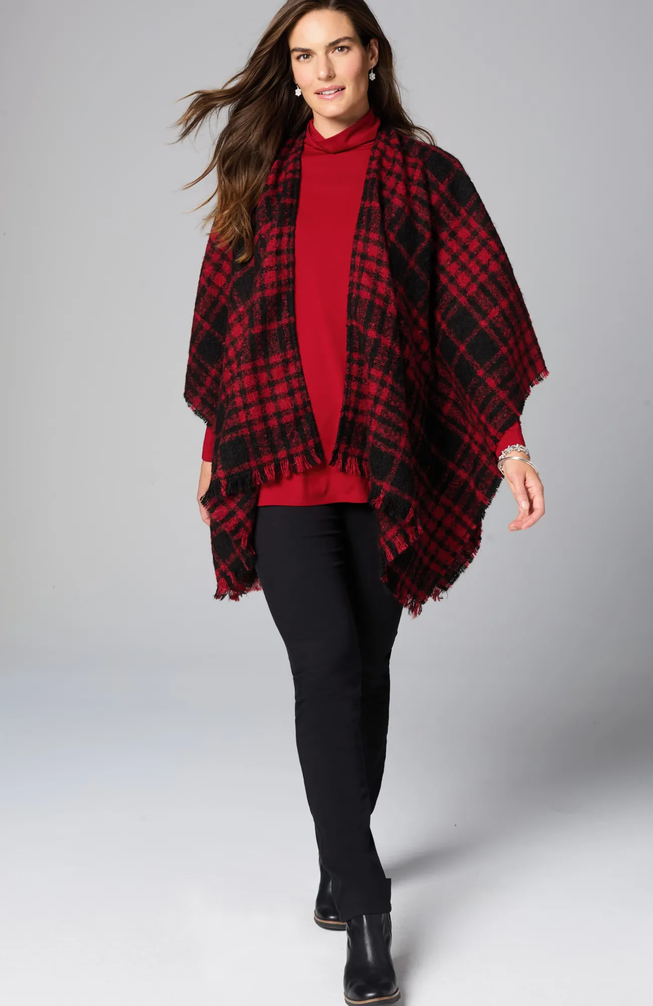 J.Jill Cozy Plaid Blanket Ruana Black/scarlet Cheap