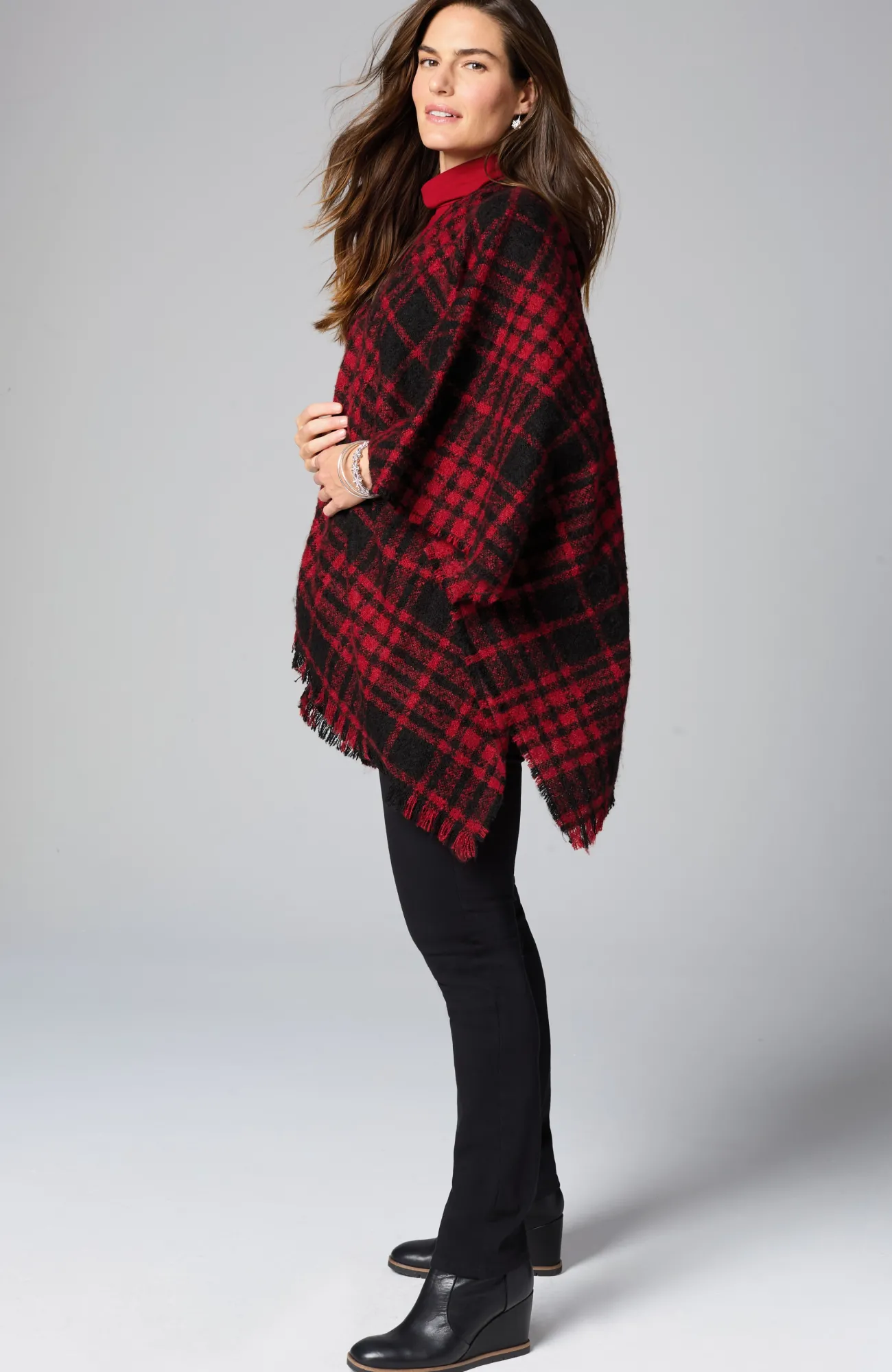 J.Jill Cozy Plaid Blanket Ruana Black/scarlet Cheap
