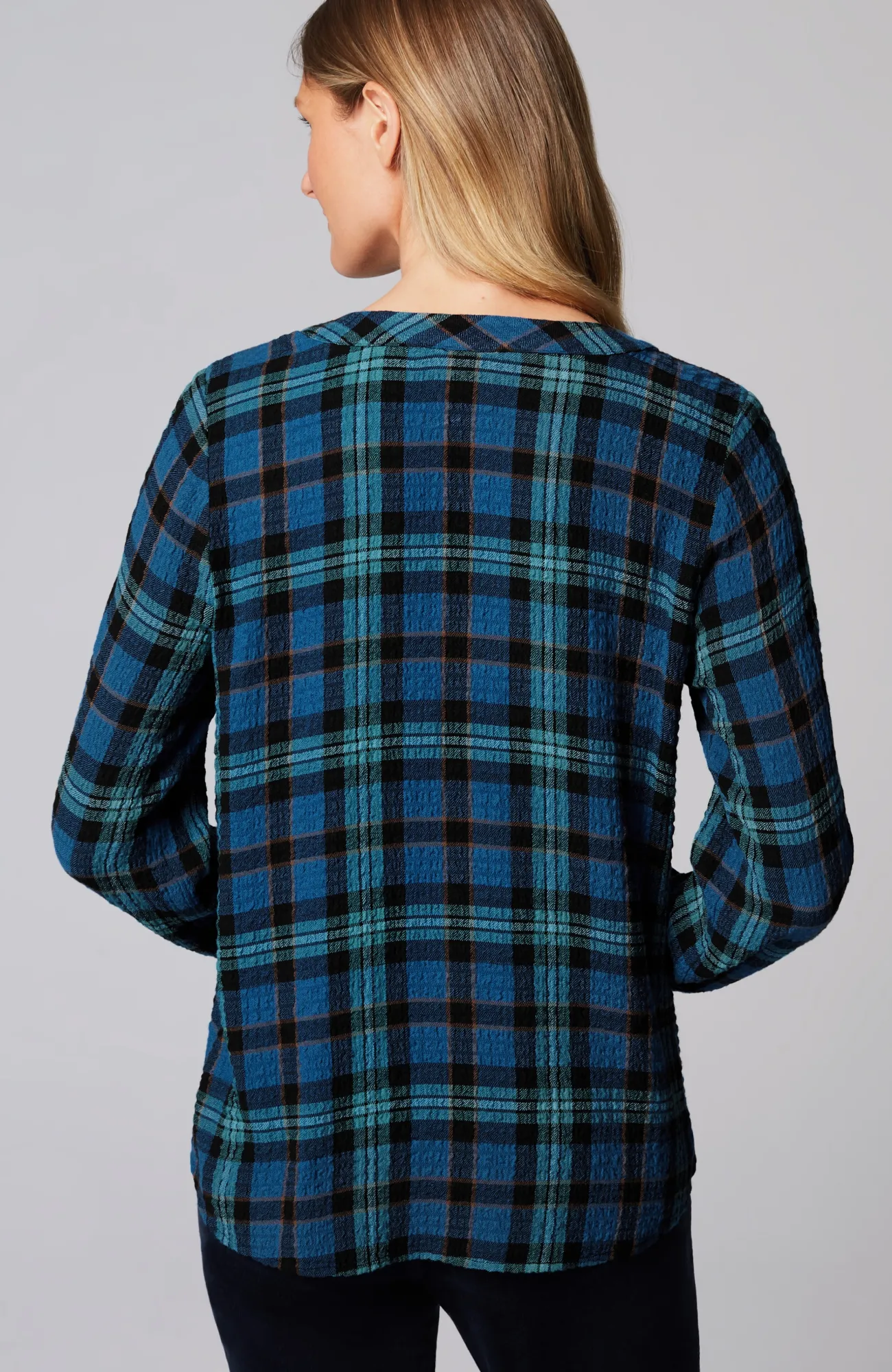 J.Jill Crinkled Plaid Top Blue Jewel Multi Outlet