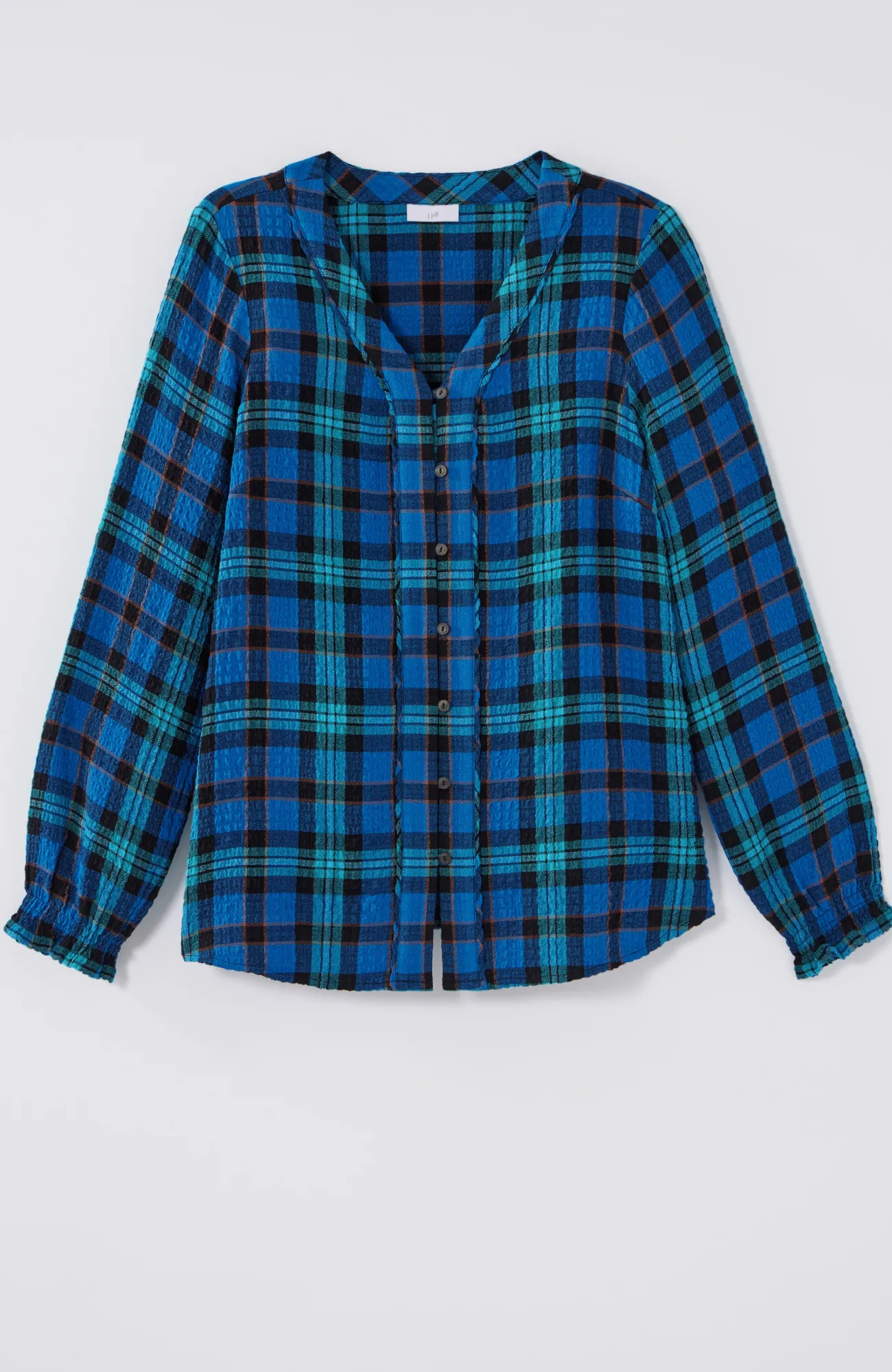 J.Jill Crinkled Plaid Top Blue Jewel Multi Outlet
