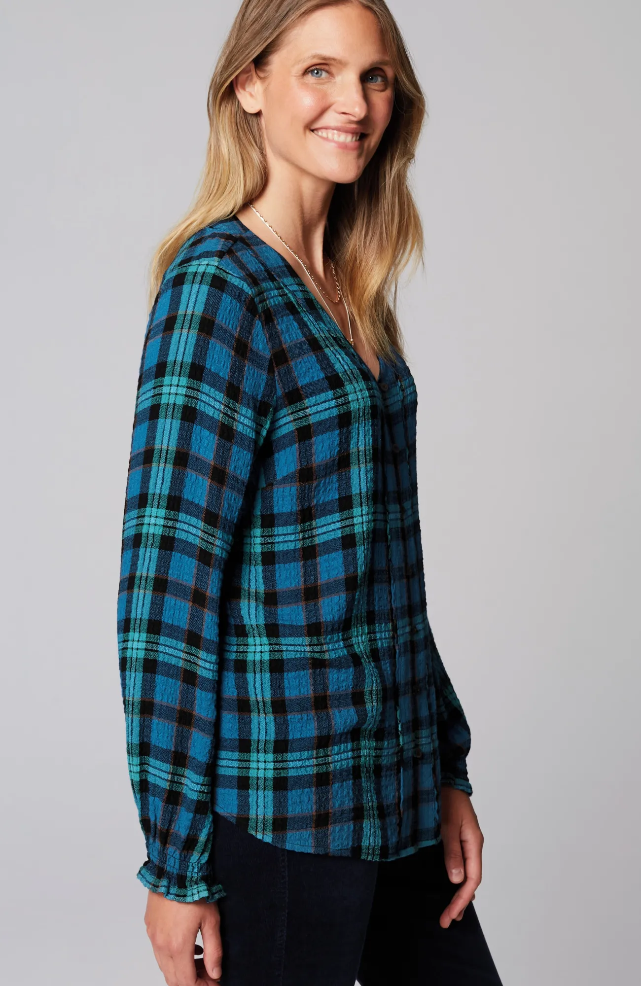 J.Jill Crinkled Plaid Top Blue Jewel Multi Outlet