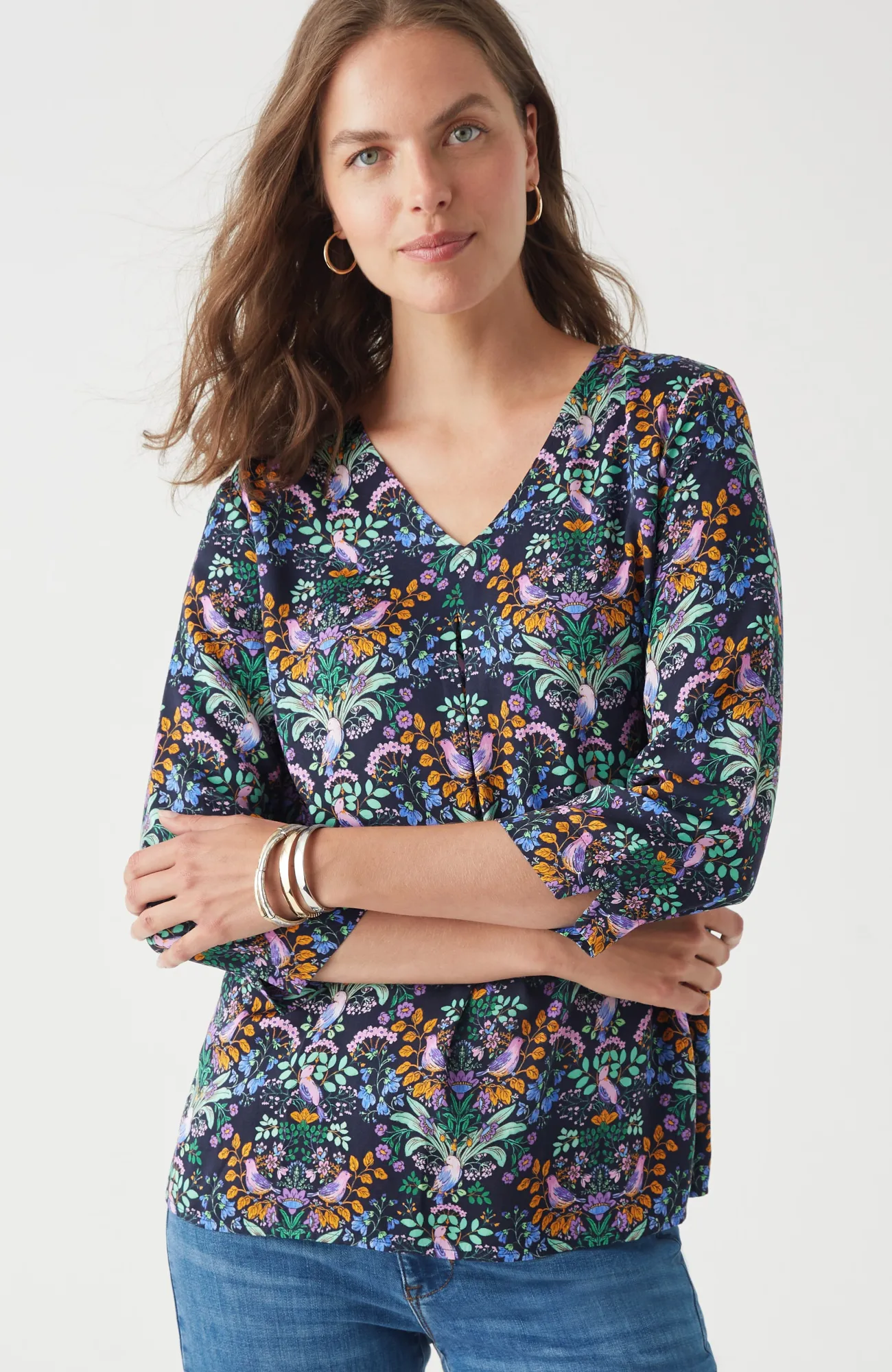 J.Jill Delightful Garden Printed Satin Top Navy Blue Delightful Garden Online