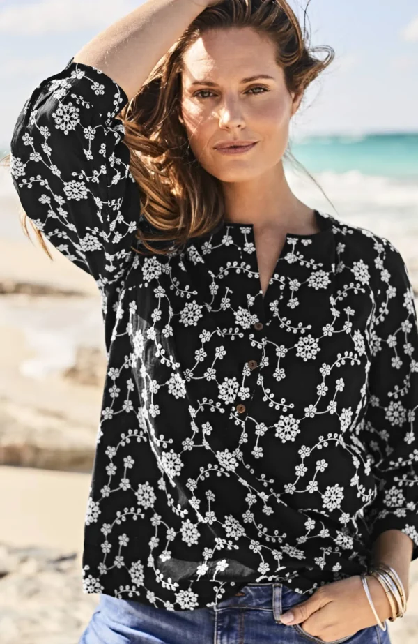 J.Jill Embroidered Eyelet Popover Black/white Outlet
