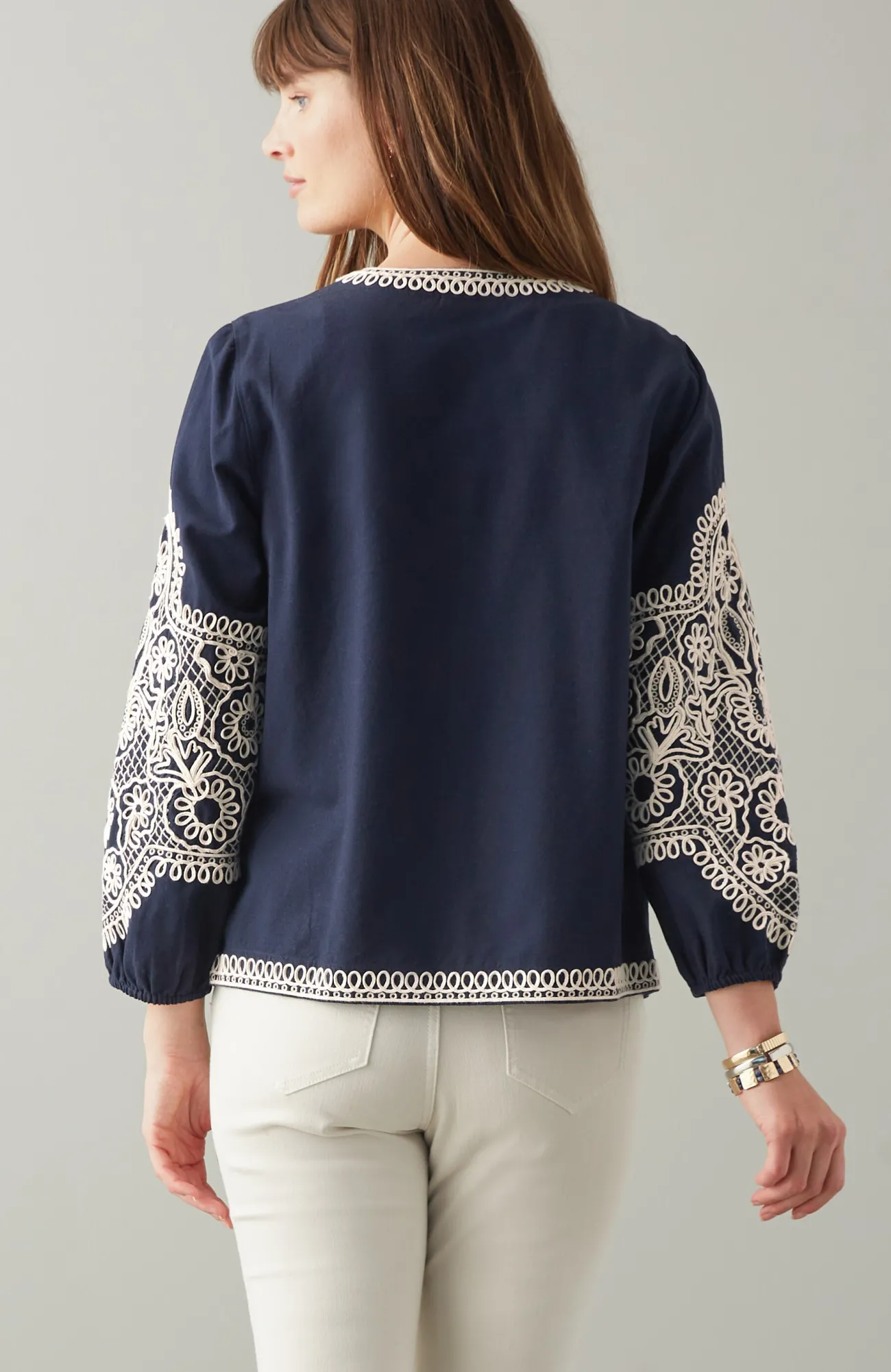 J.Jill Embroidered Open-Front A-Line Jacket Navy Blue Multi Flash Sale