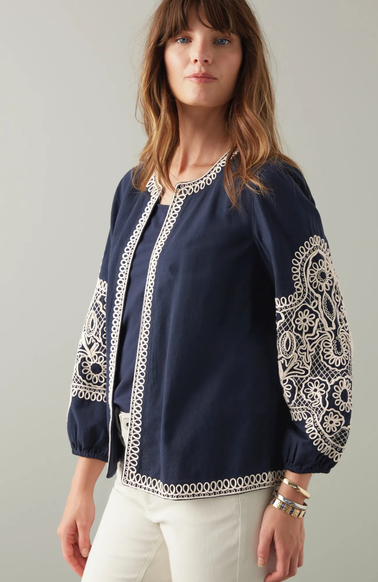 J.Jill Embroidered Open-Front A-Line Jacket Navy Blue Multi Flash Sale