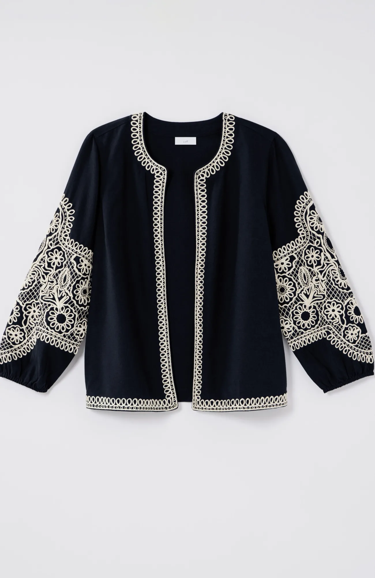 J.Jill Embroidered Open-Front A-Line Jacket Navy Blue Multi Flash Sale