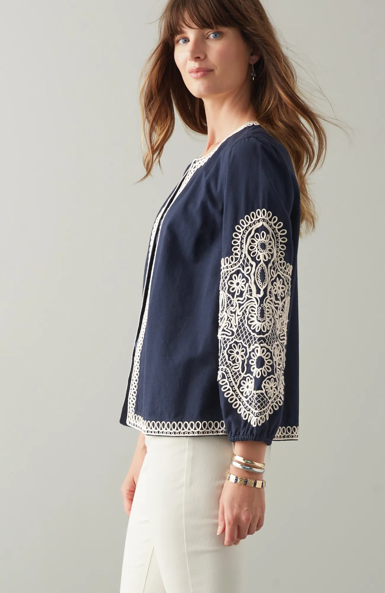 J.Jill Embroidered Open-Front A-Line Jacket Navy Blue Multi Flash Sale