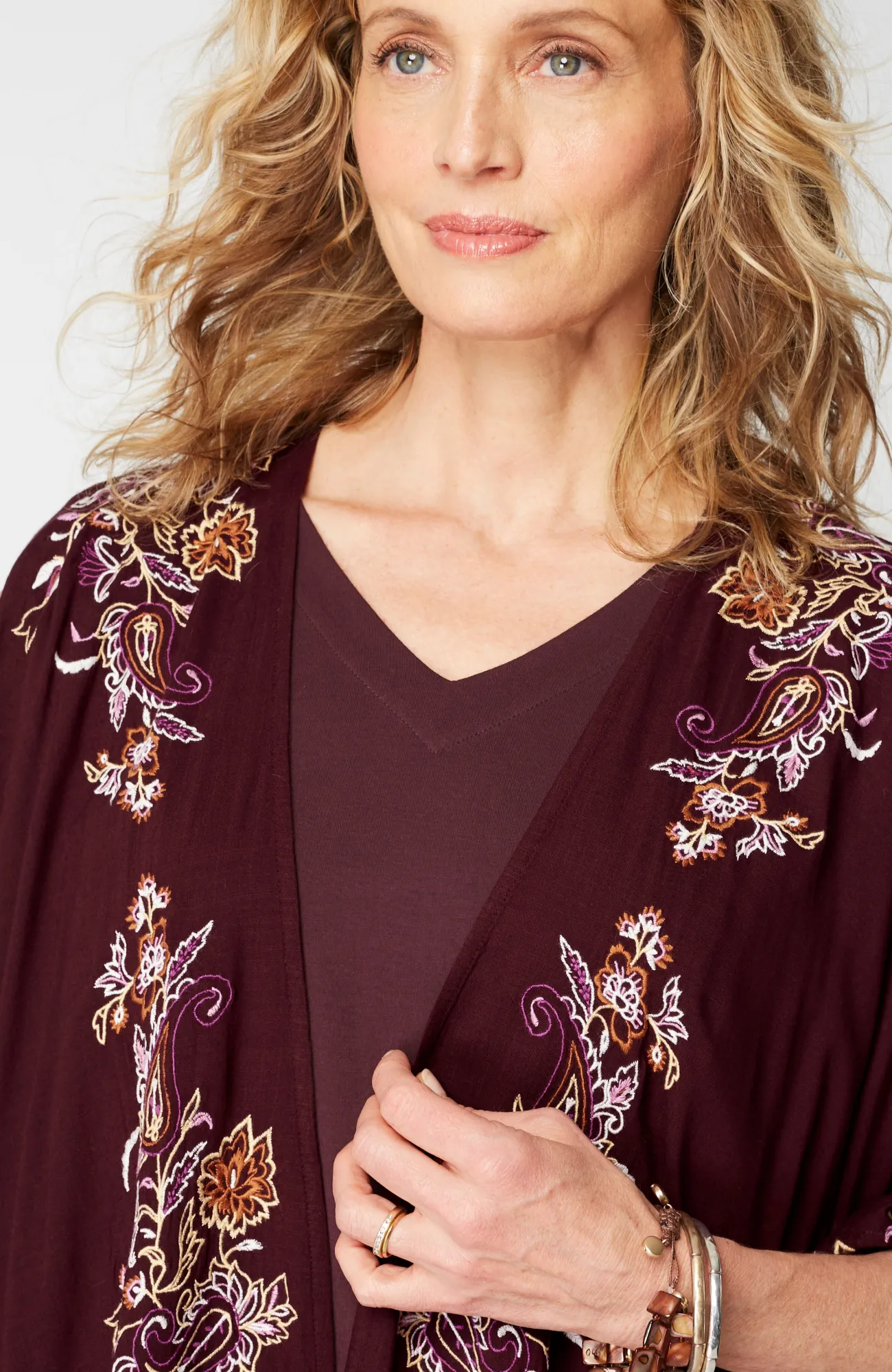 J.Jill Embroidered Paisley Ruana Spiced Wine Multi Hot