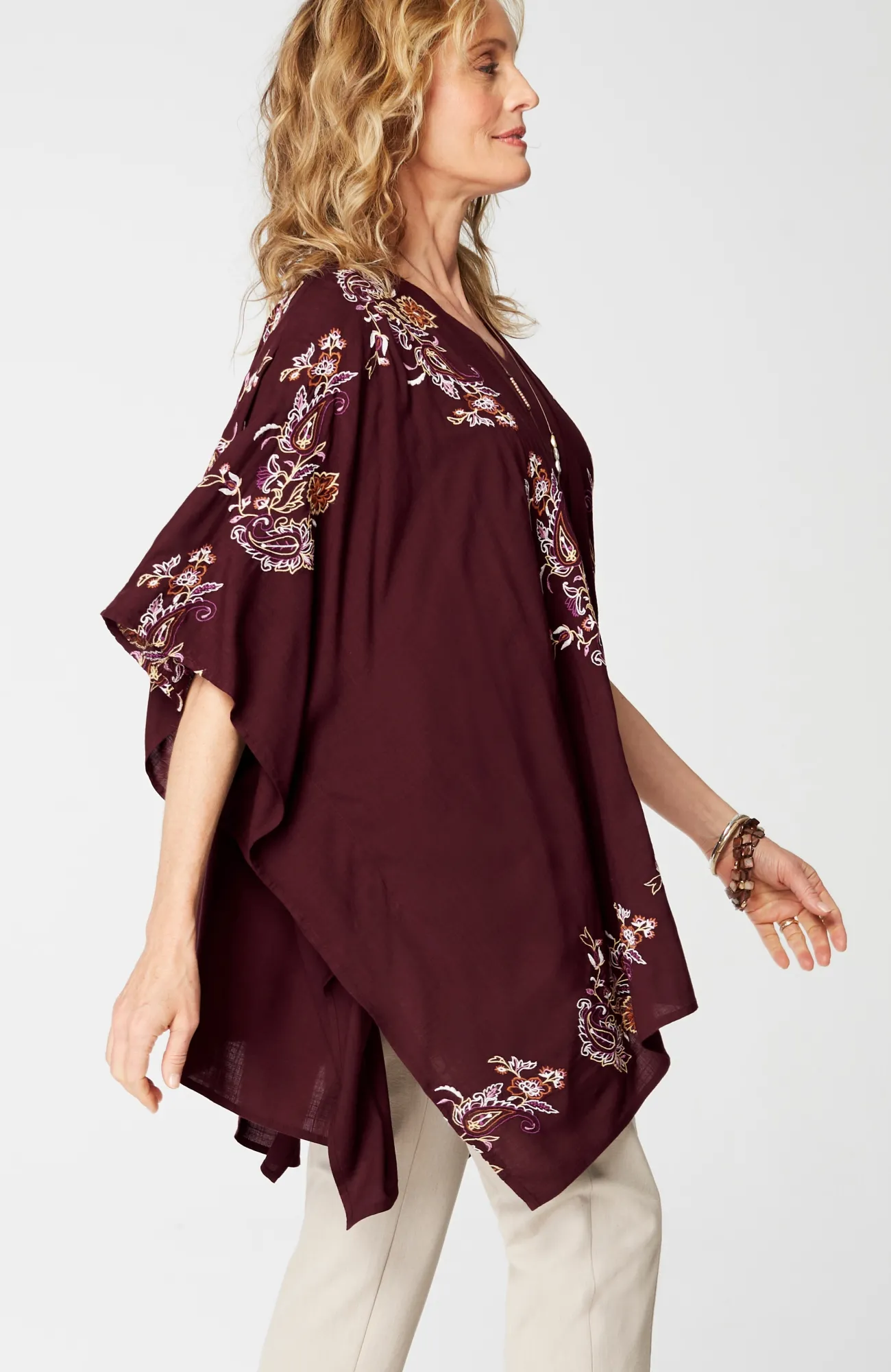 J.Jill Embroidered Paisley Ruana Spiced Wine Multi Hot