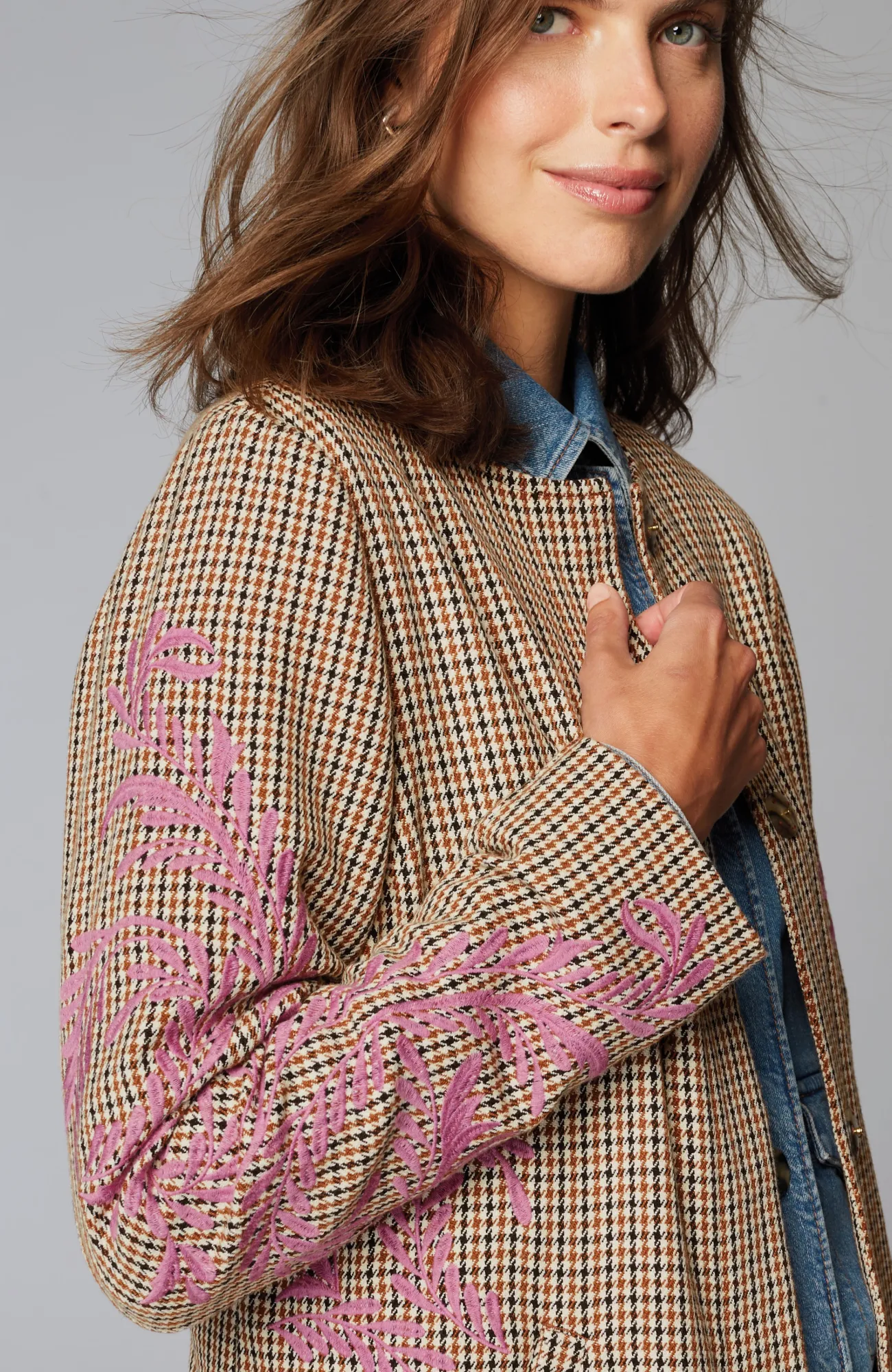 J.Jill Embroidered Plaid Snap-Front Jacket Nutmeg Multi Clearance