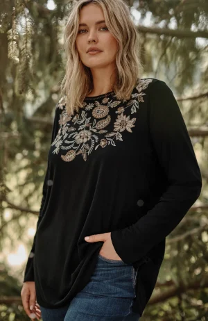 J.Jill Embroidered Pleat-Back Tunic Black Multi Discount
