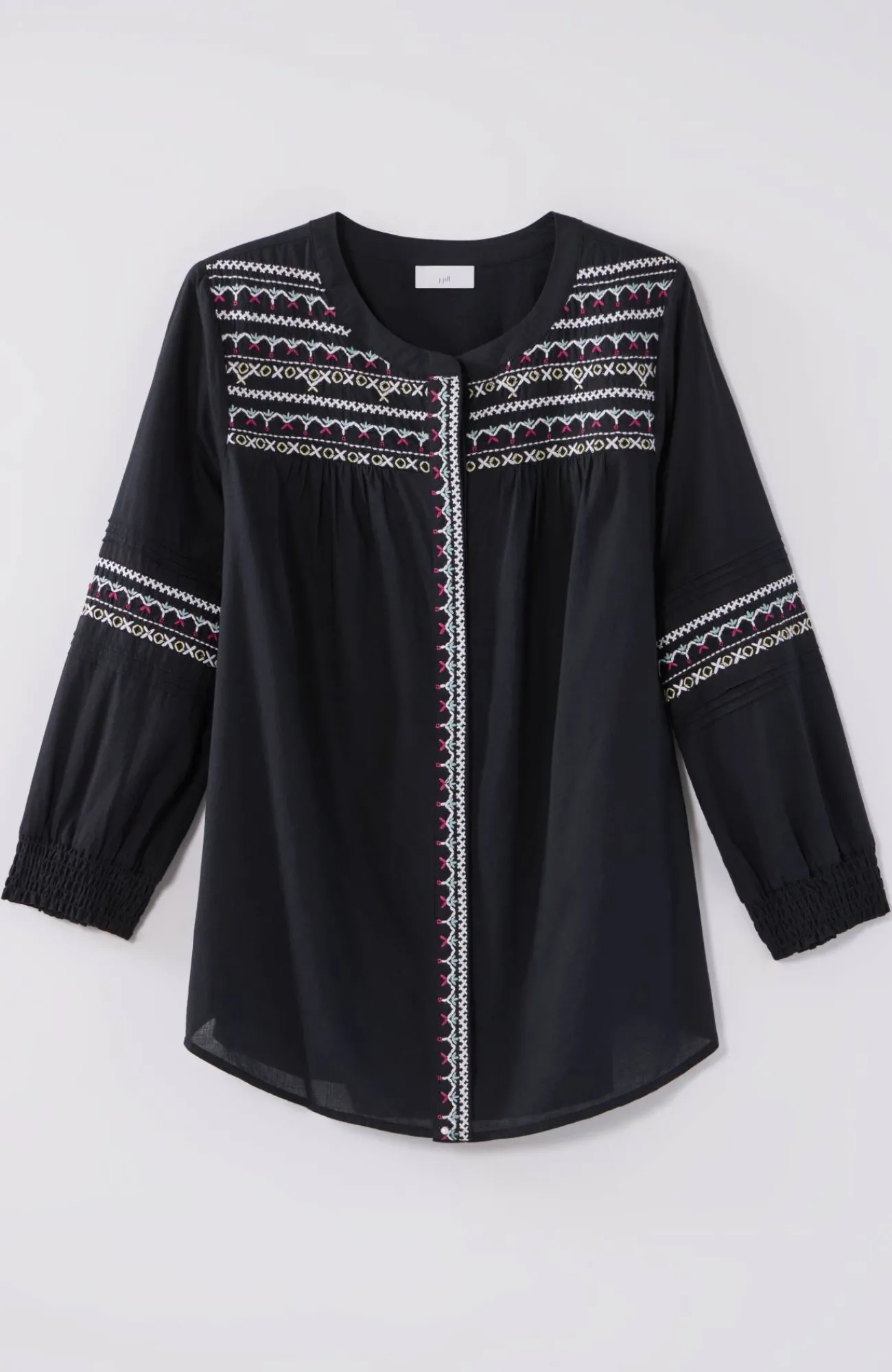 J.Jill Embroidered Smocked-Sleeve Top Black Multi Best Sale