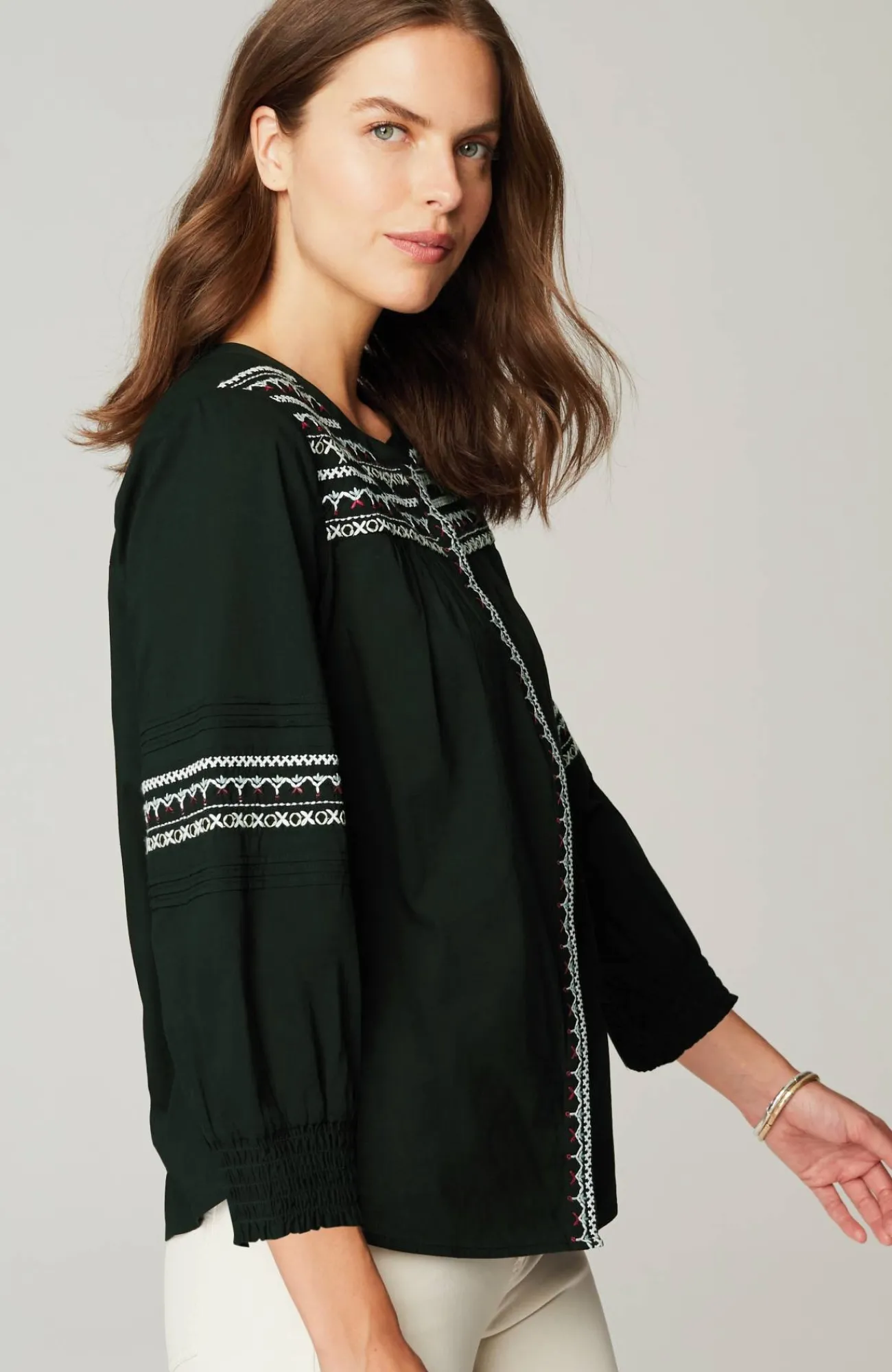 J.Jill Embroidered Smocked-Sleeve Top Black Multi Best Sale