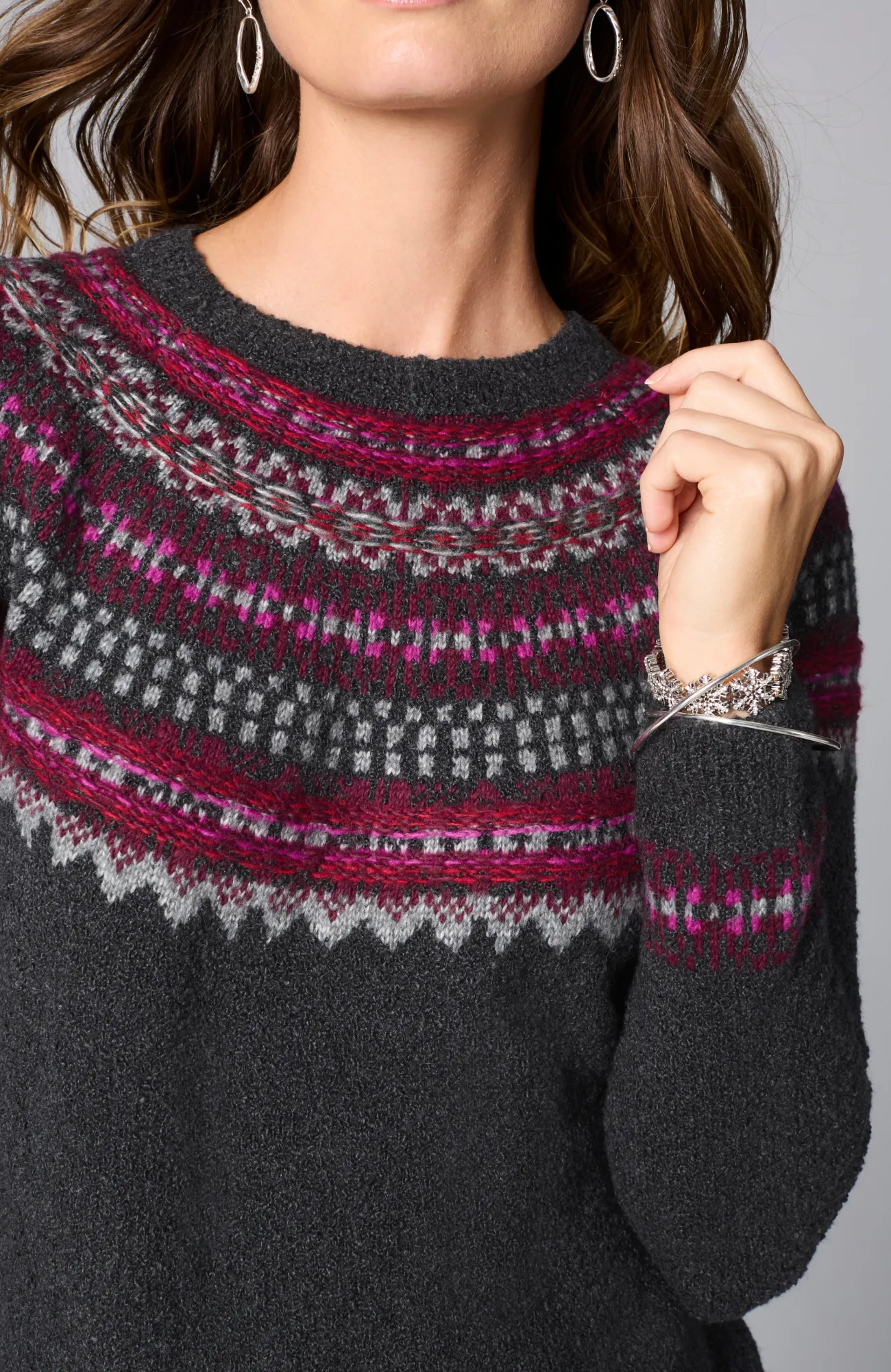 J.Jill Fair Isle Pullover Sweater Dark Charcoal Heather Multi New