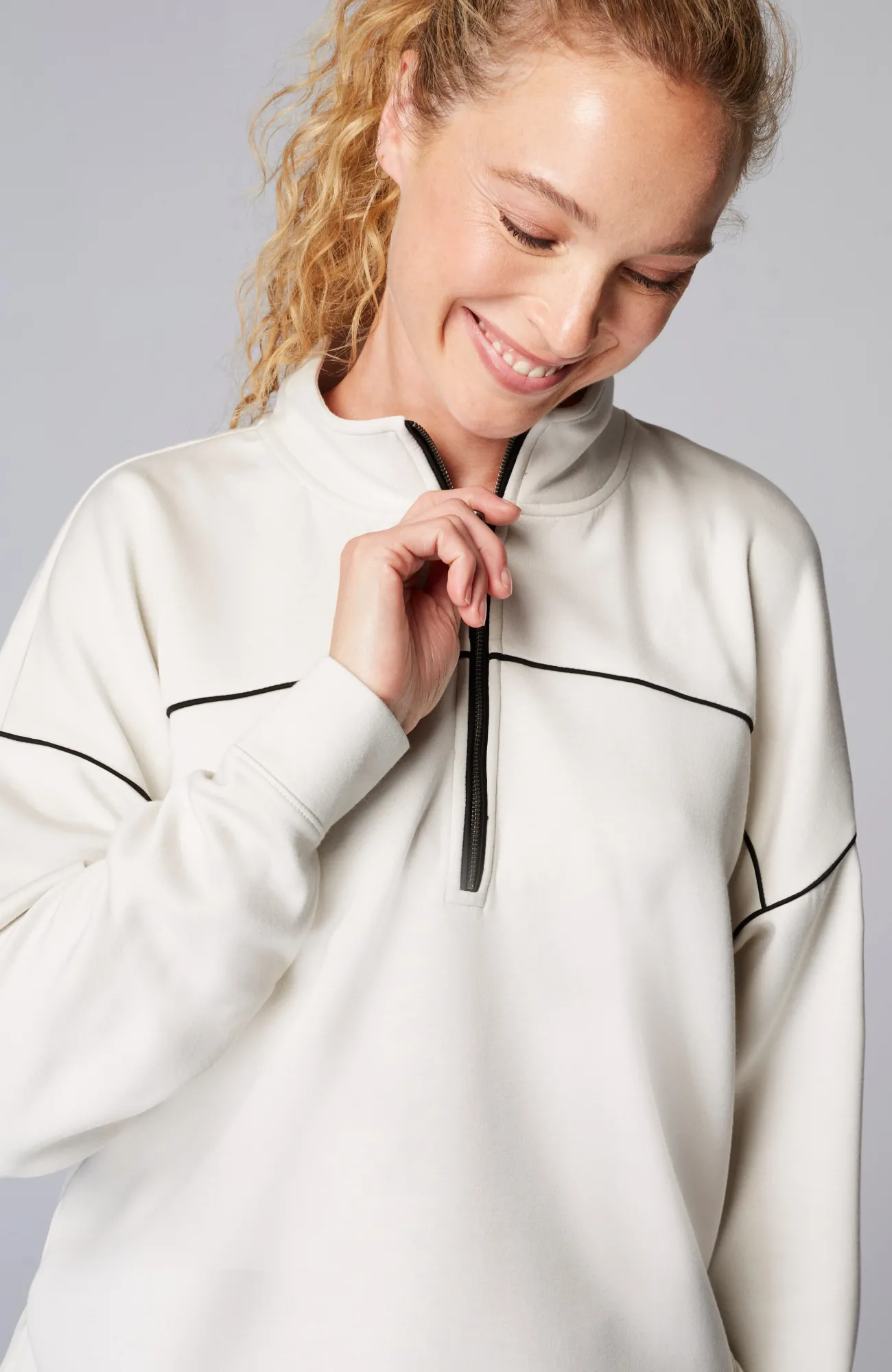 J.Jill Fit Sleek Double-Knit Piped Quarter-Zip Smokey Cream/black Cheap