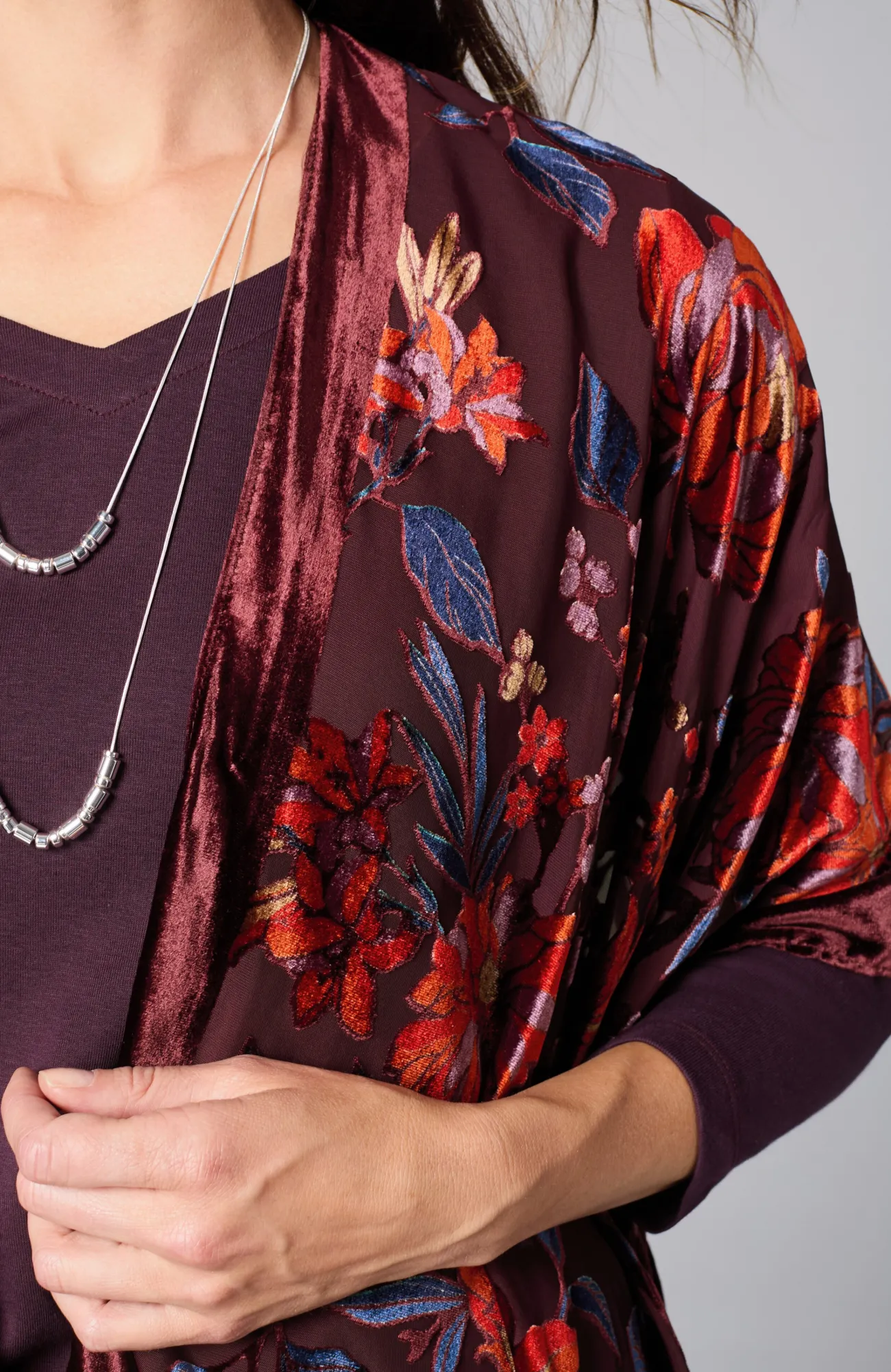 J.Jill Floral Burnout Velvet Ruana Dark Maroon Multi Best Sale