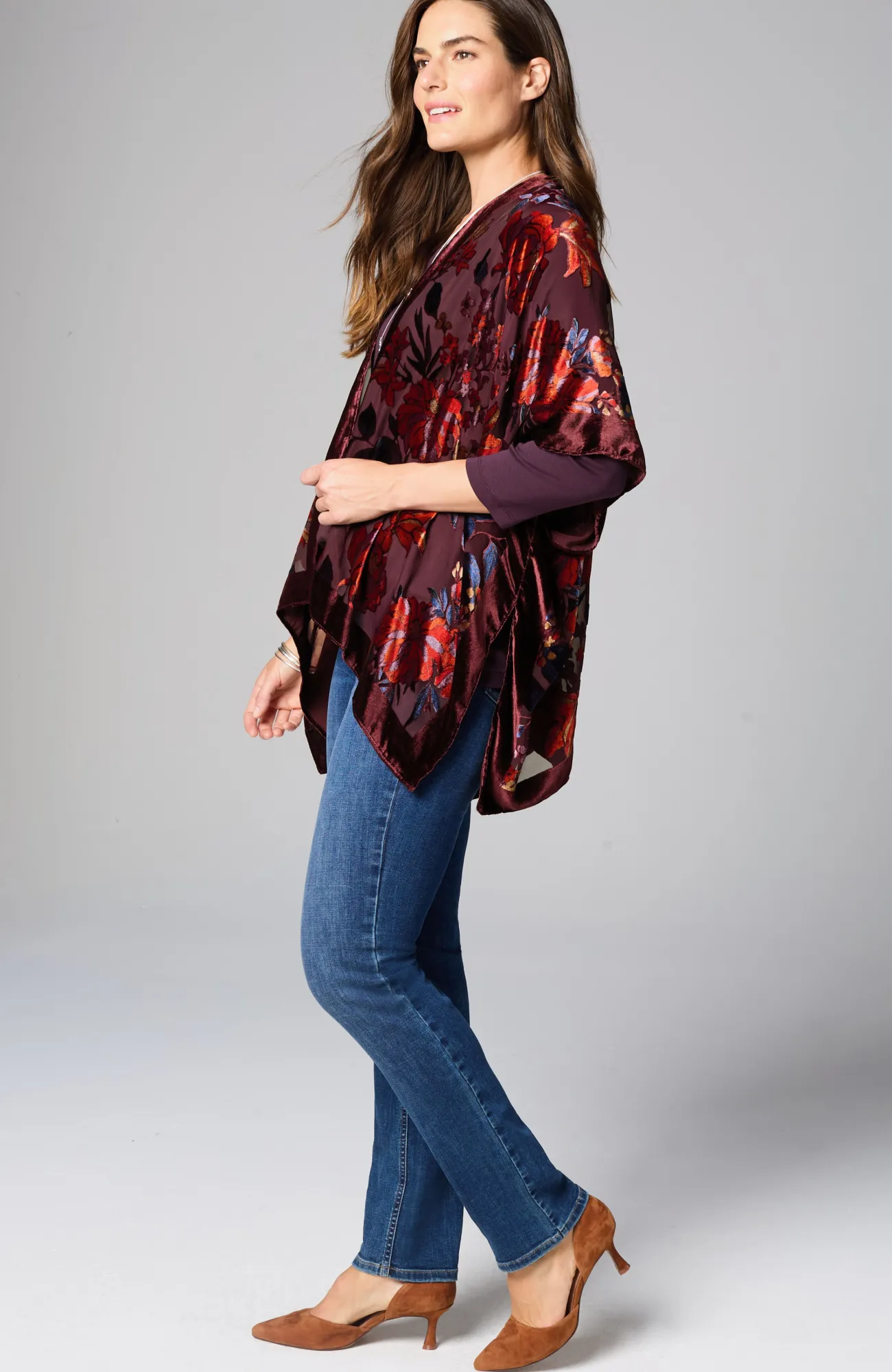J.Jill Floral Burnout Velvet Ruana Dark Maroon Multi Best Sale