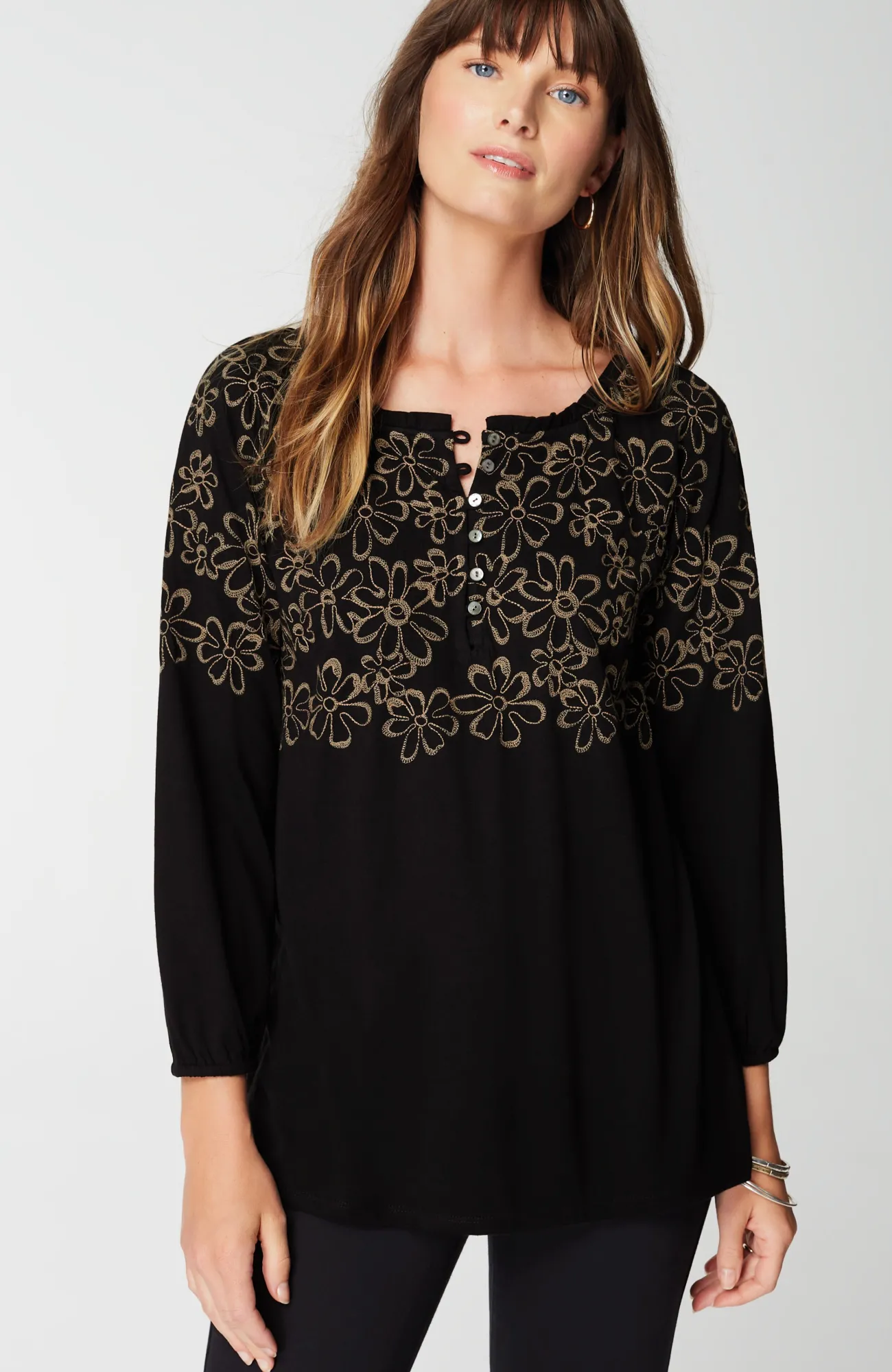 J.Jill Floral-Embroidered Raglan-Sleeve Top Black/light Toffee Online