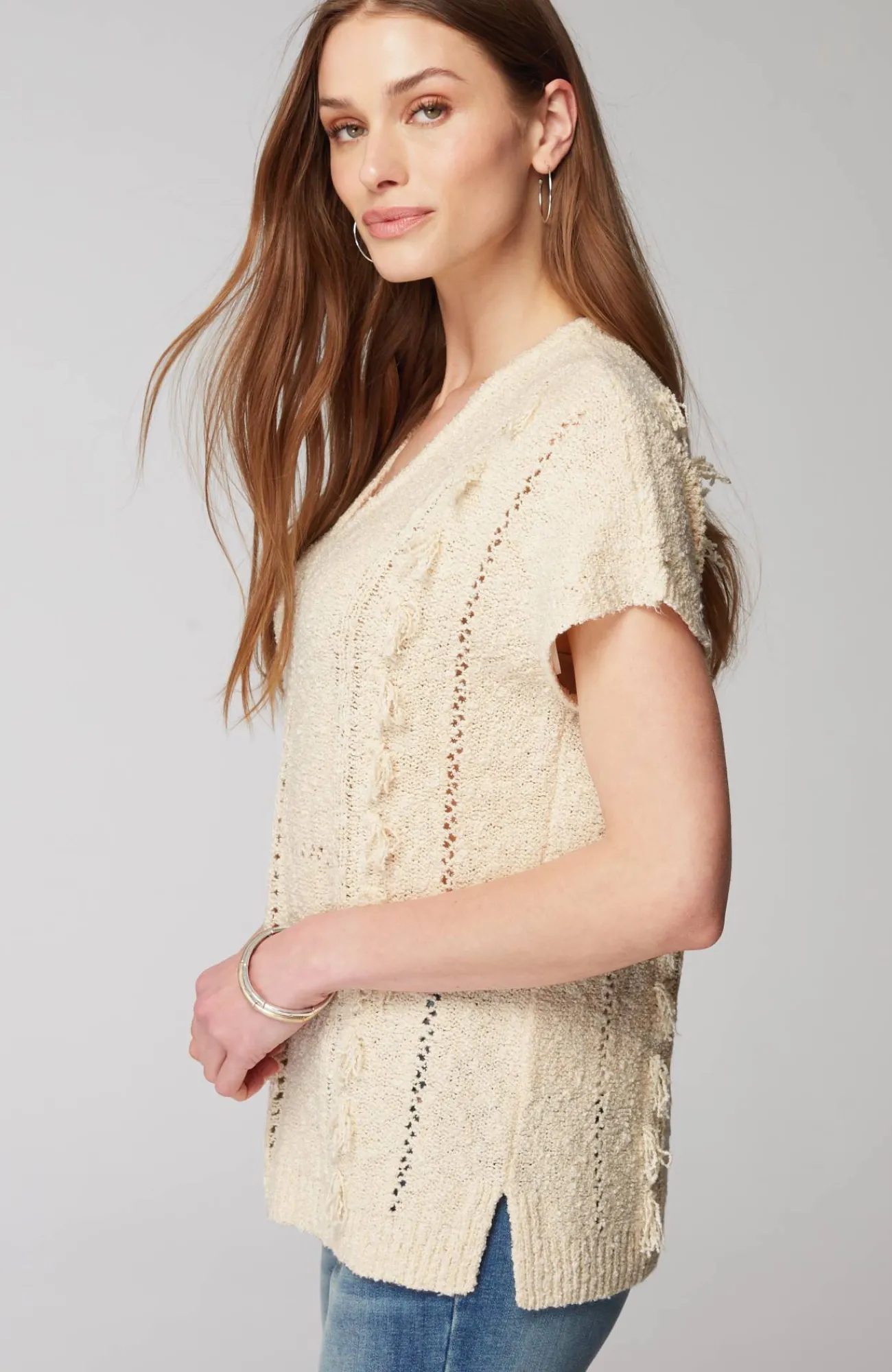 J.Jill Fringed Open-Texture Short-Sleeve Sweater Barley Best Sale
