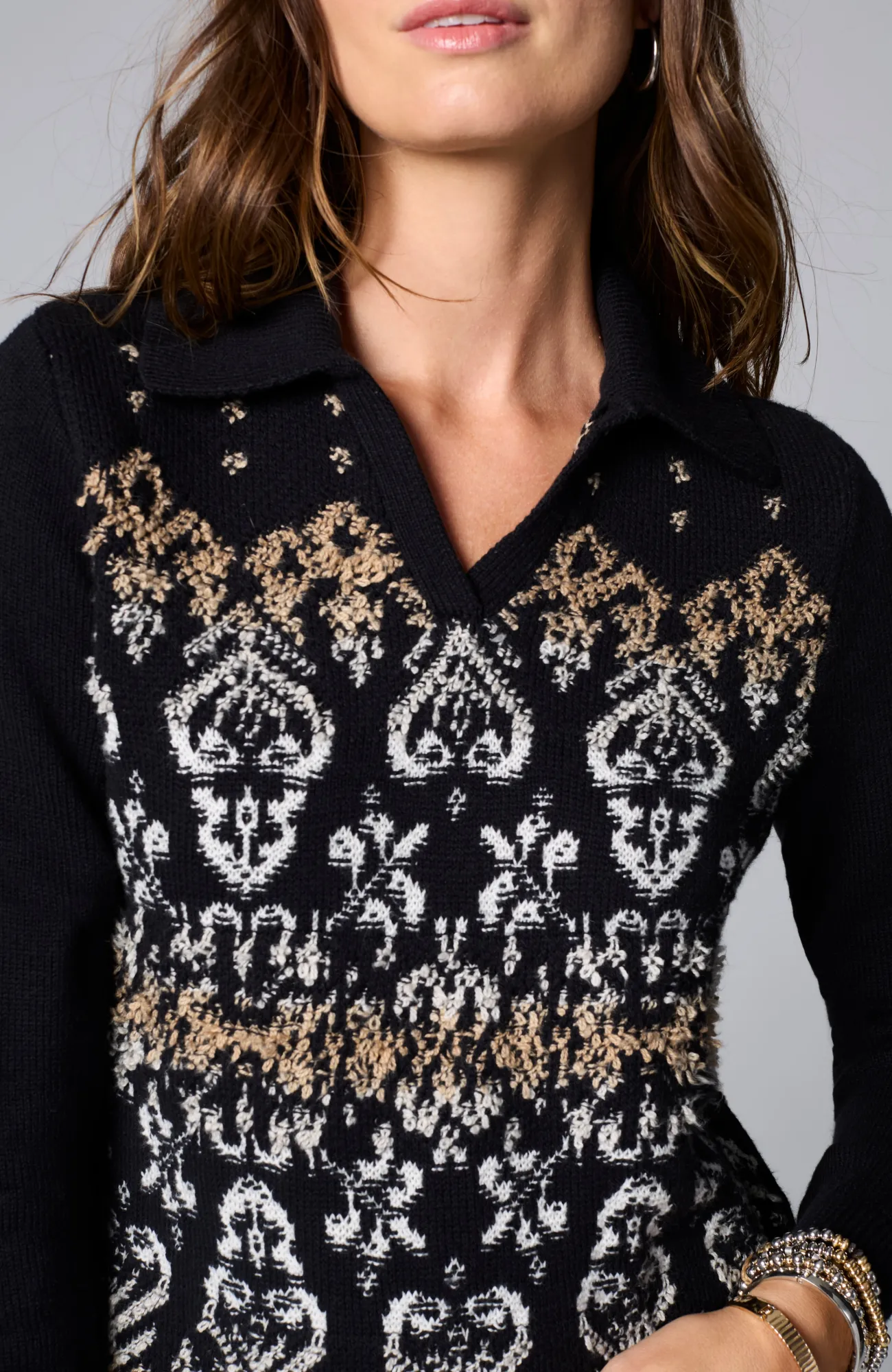 J.Jill Jacquard-Patterned Collared Sweater Black Multi Store