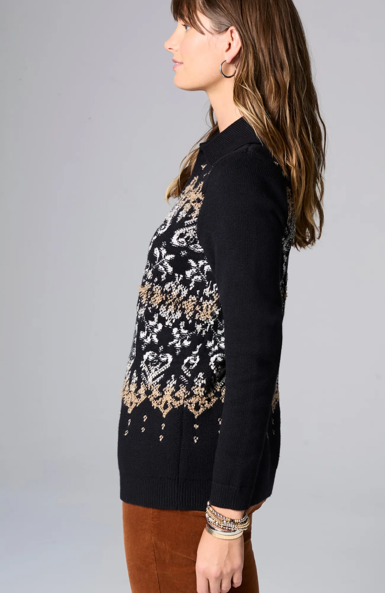 J.Jill Jacquard-Patterned Collared Sweater Black Multi Store