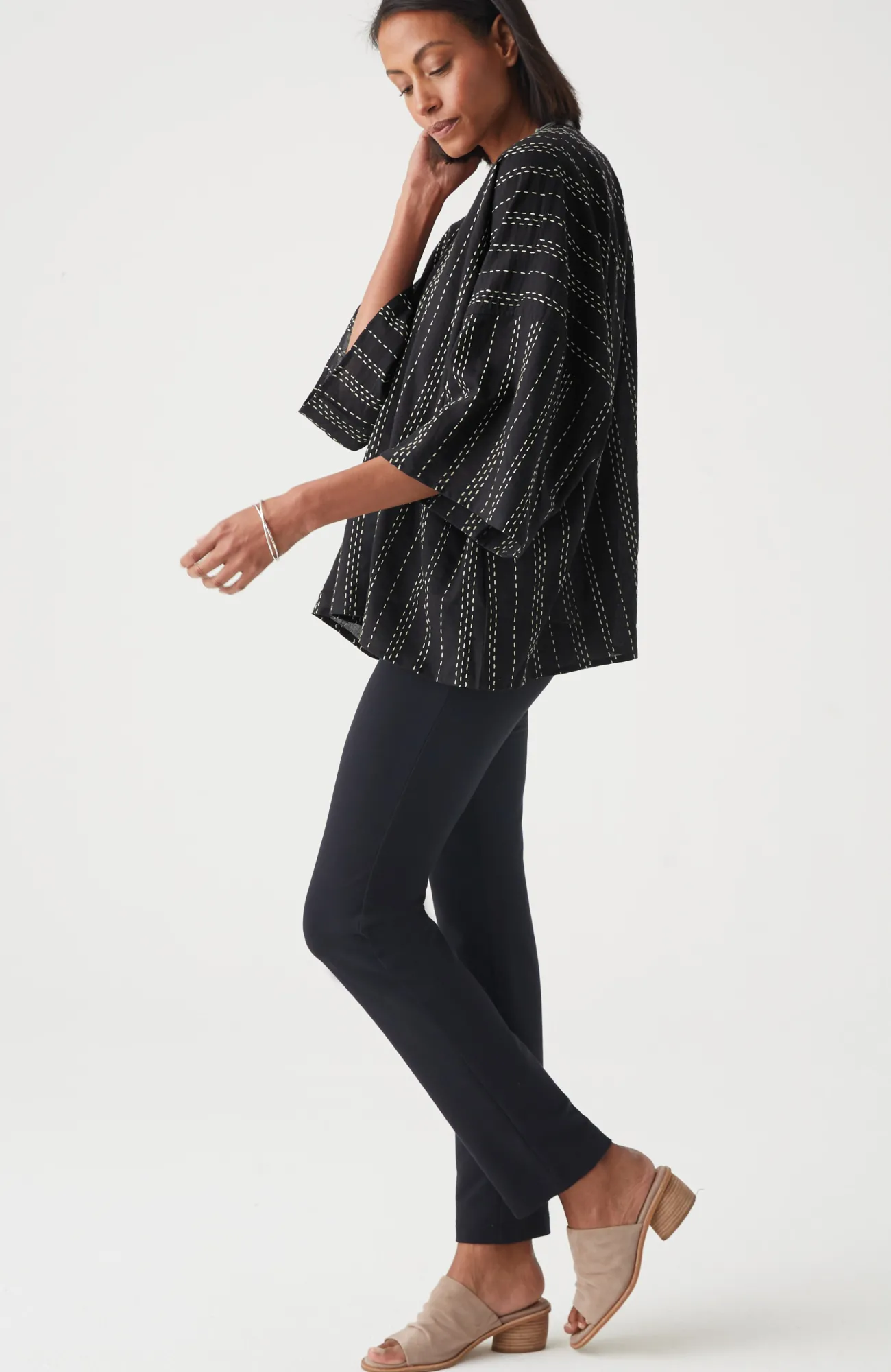 J.Jill Kantha-Stitched Open-Front Jacket Black/oatmeal Fashion