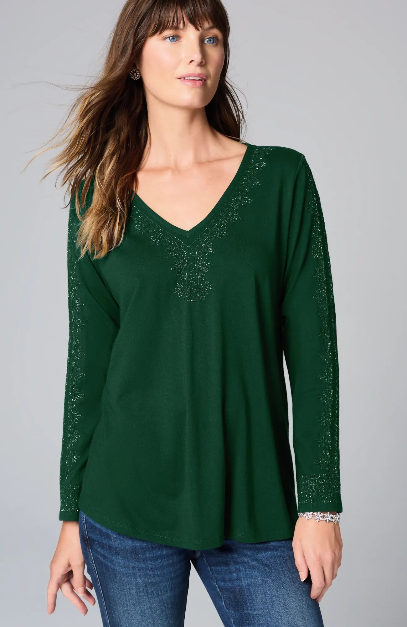 J.Jill Metallic-Embroidered V-Neck Top Scots Pine Best Sale