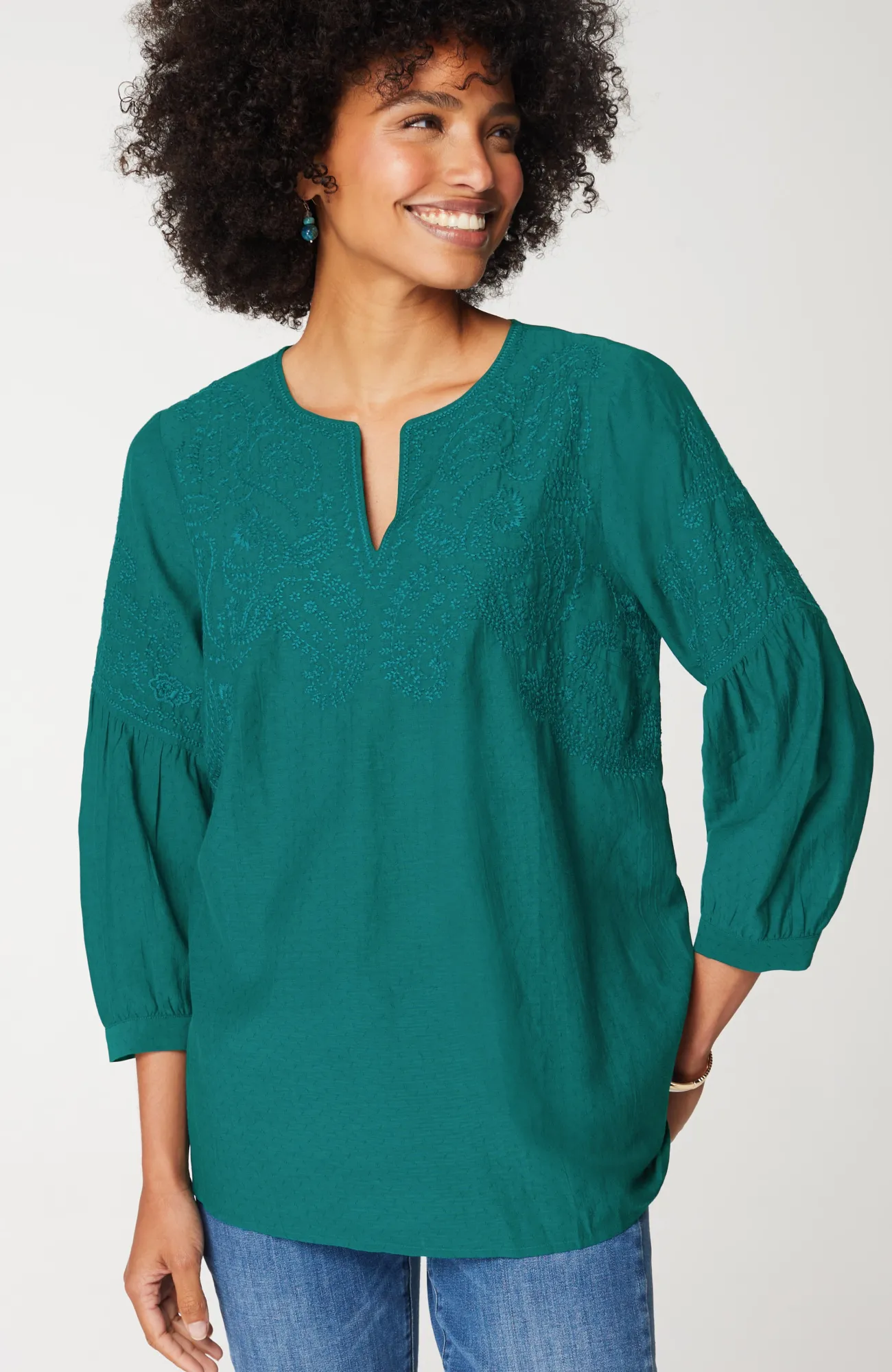 J.Jill Paisley-Embroidered Split-Neck Top Oceanside Sale