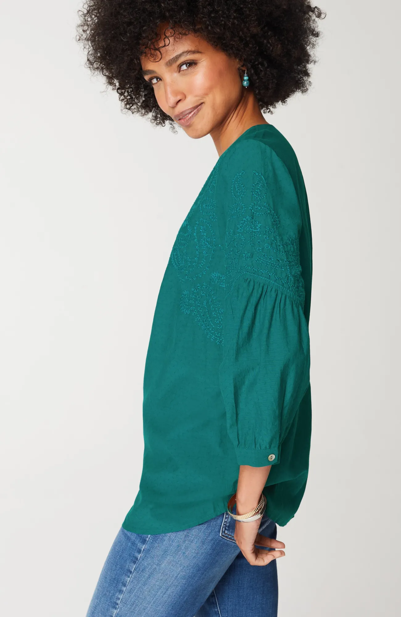 J.Jill Paisley-Embroidered Split-Neck Top Oceanside Sale