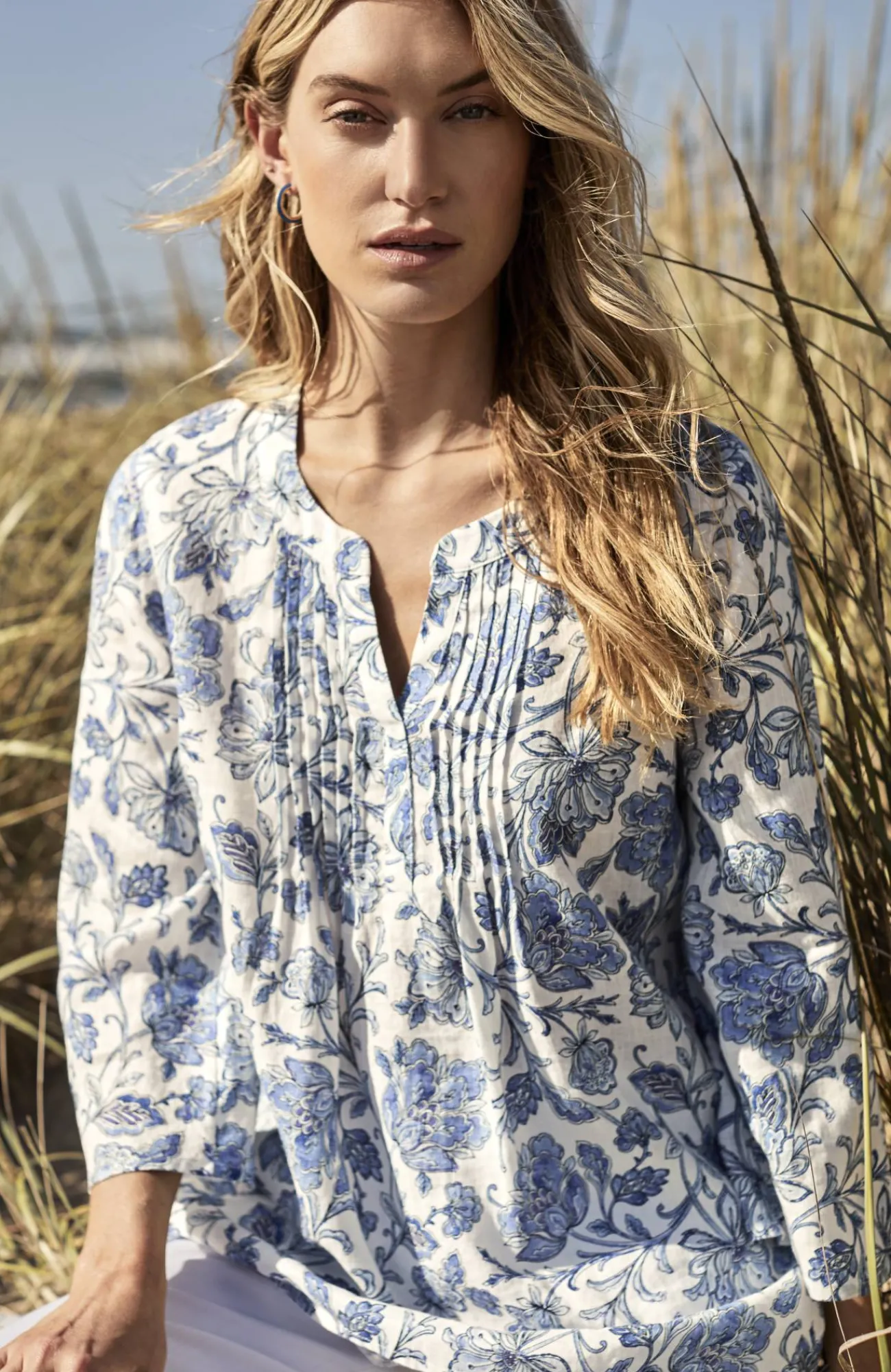 J.Jill Pintucked Printed Linen Popover New