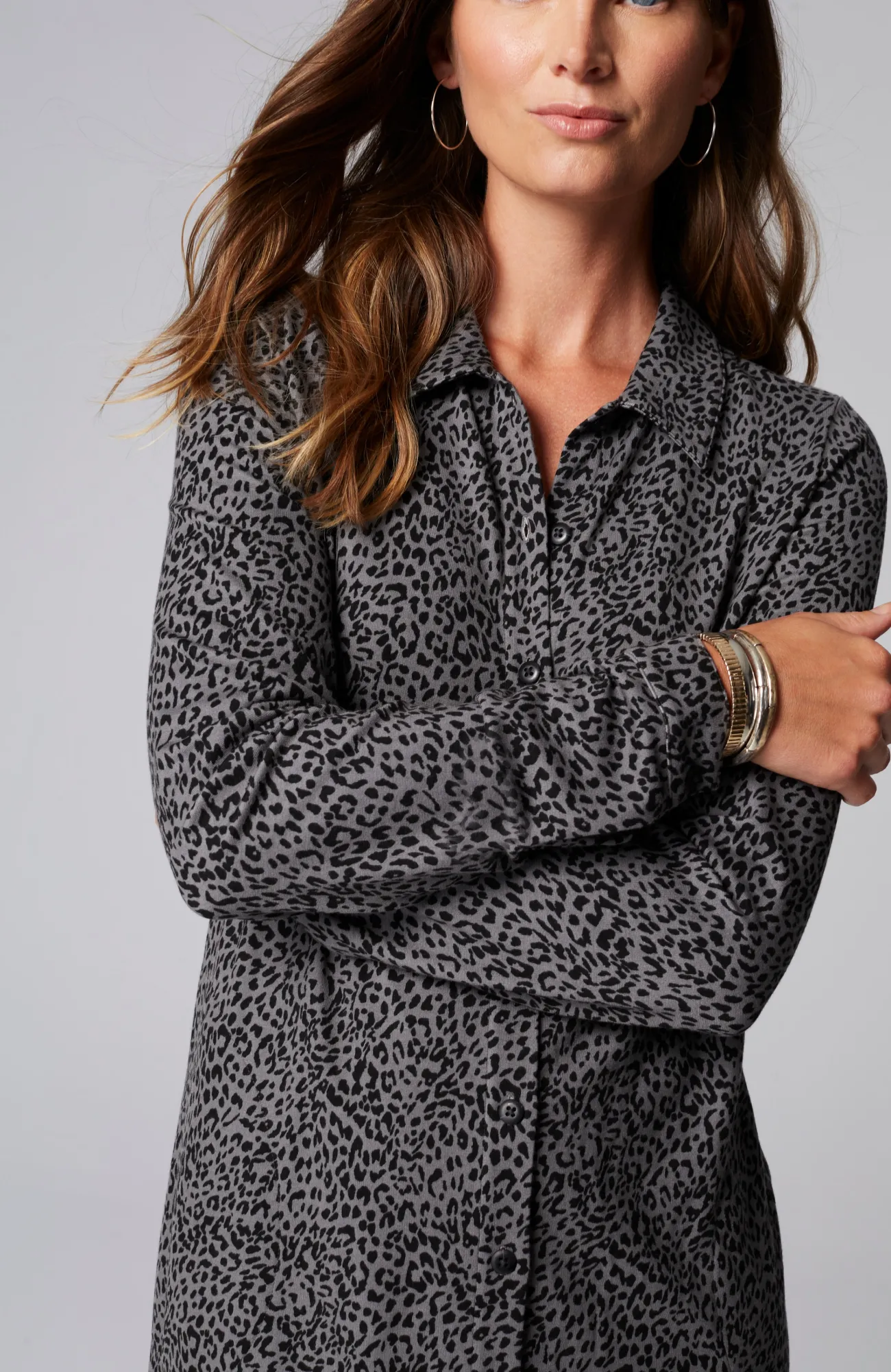 J.Jill Ponte Knit Shirtdress Pewter Elegant Leopard Best