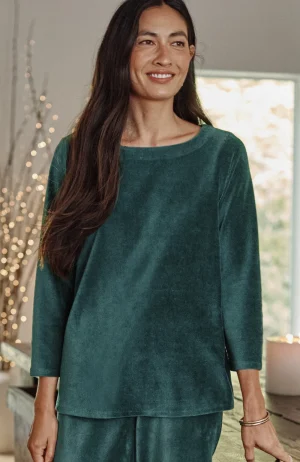 J.Jill Pure Jill Corded-Velour Buttoned-Back Top Dark Teal Sale
