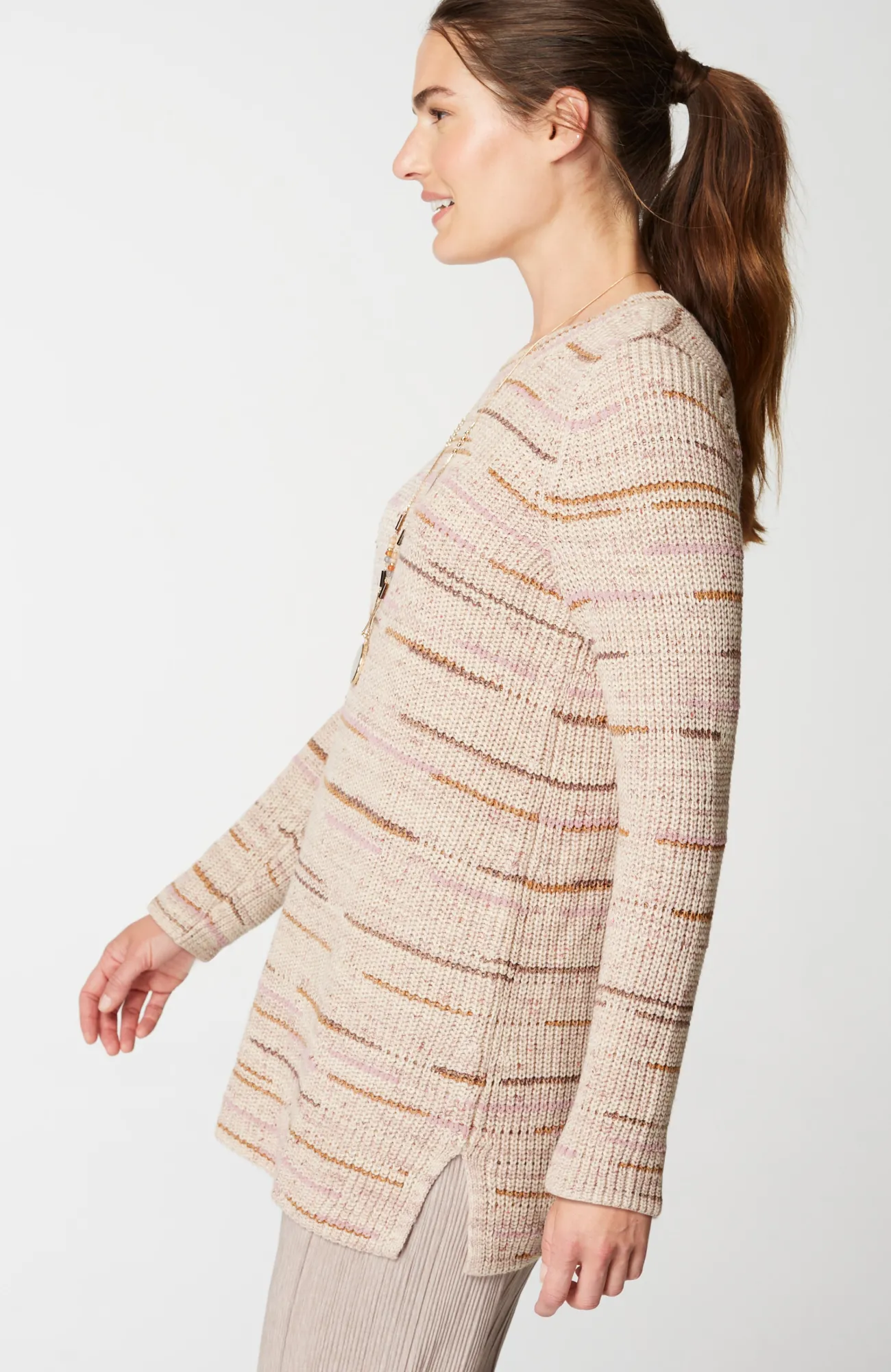 J.Jill Pure Jill Crew-Neck Intarsia Striped Tunic Light Porcini Multi Fashion