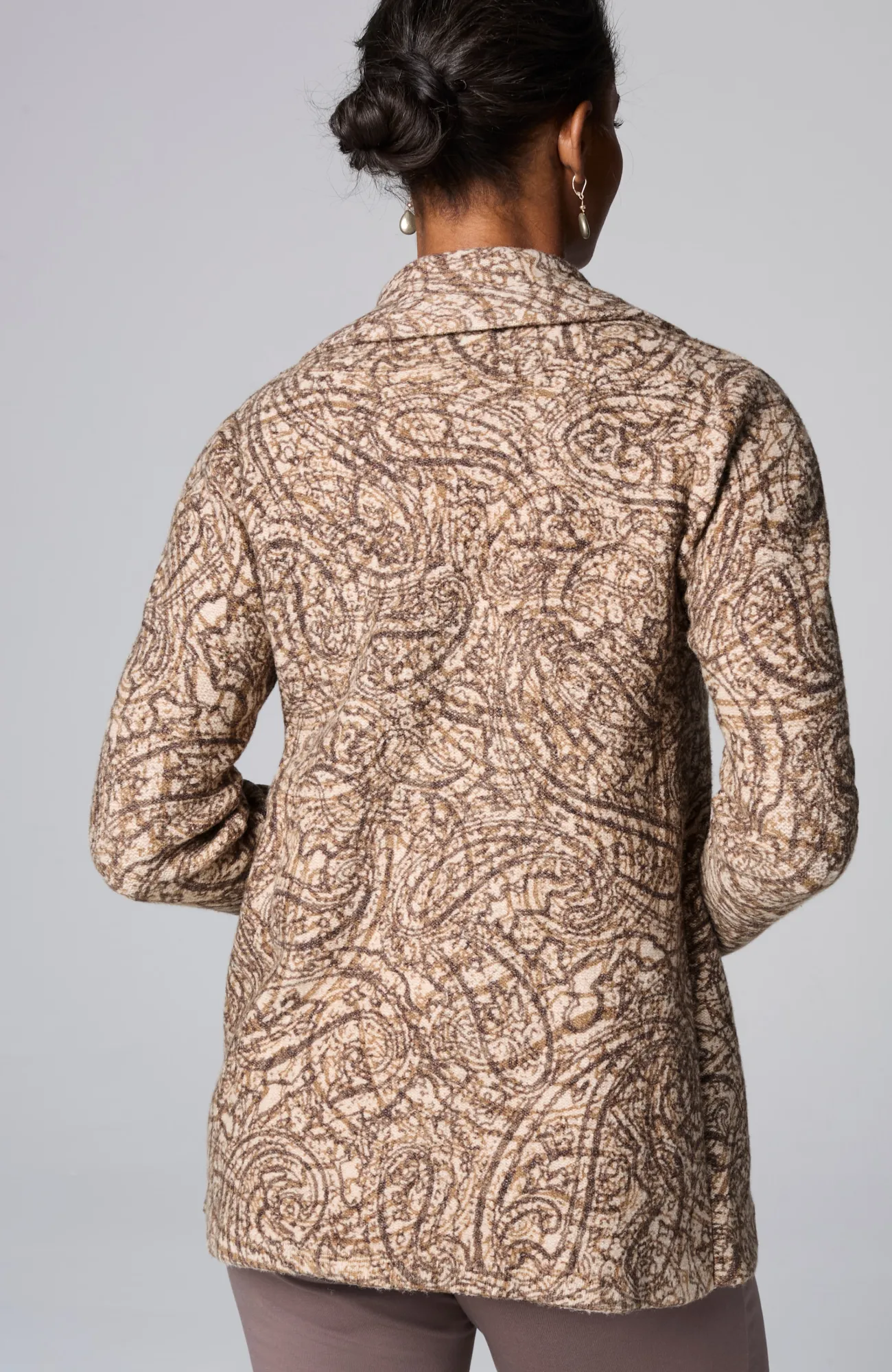 J.Jill Pure Jill Curved-Front Printed Cardi Light Mocha Textured Paisley Shop