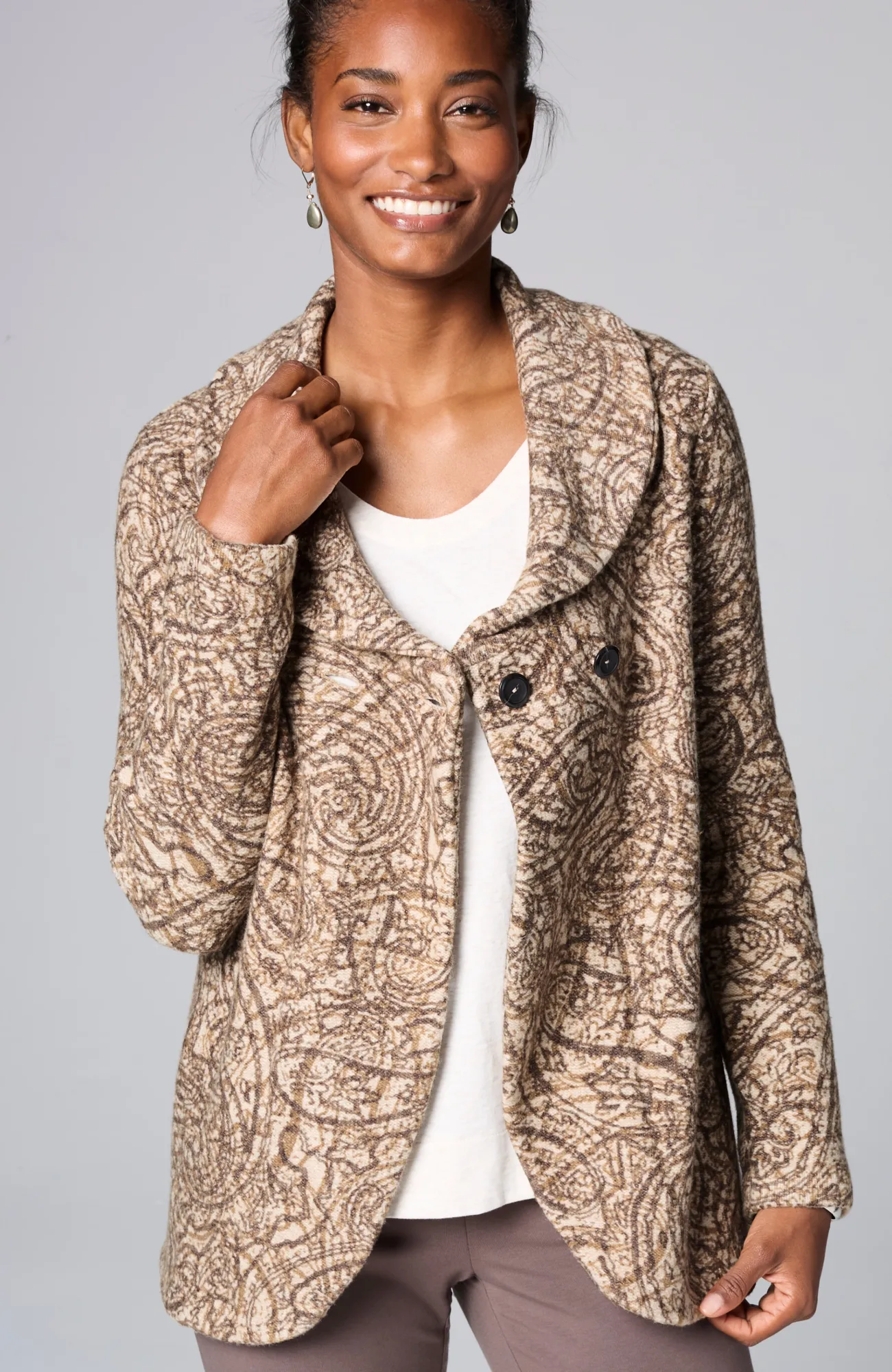 J.Jill Pure Jill Curved-Front Printed Cardi Light Mocha Textured Paisley Shop