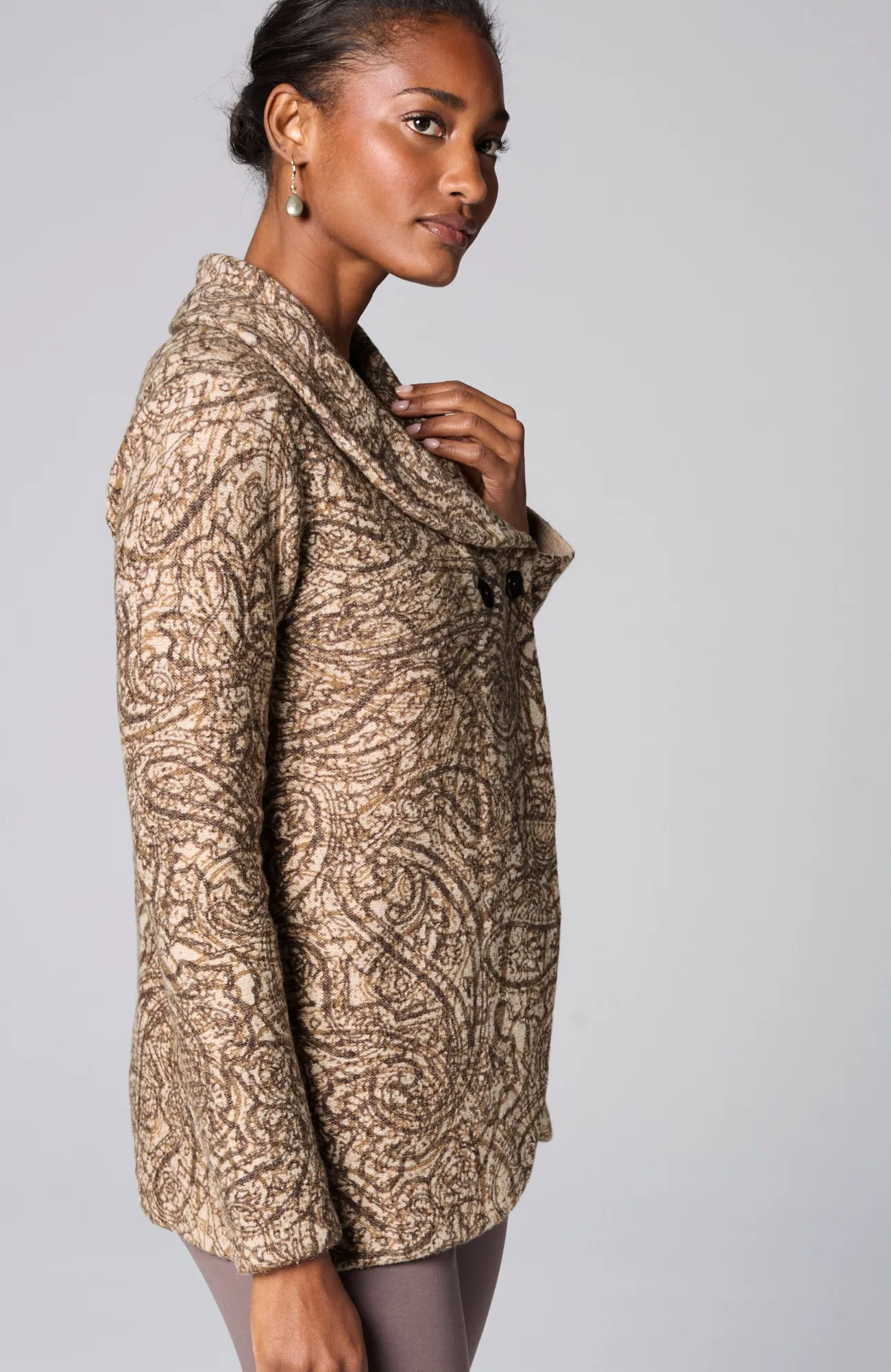 J.Jill Pure Jill Curved-Front Printed Cardi Light Mocha Textured Paisley Shop