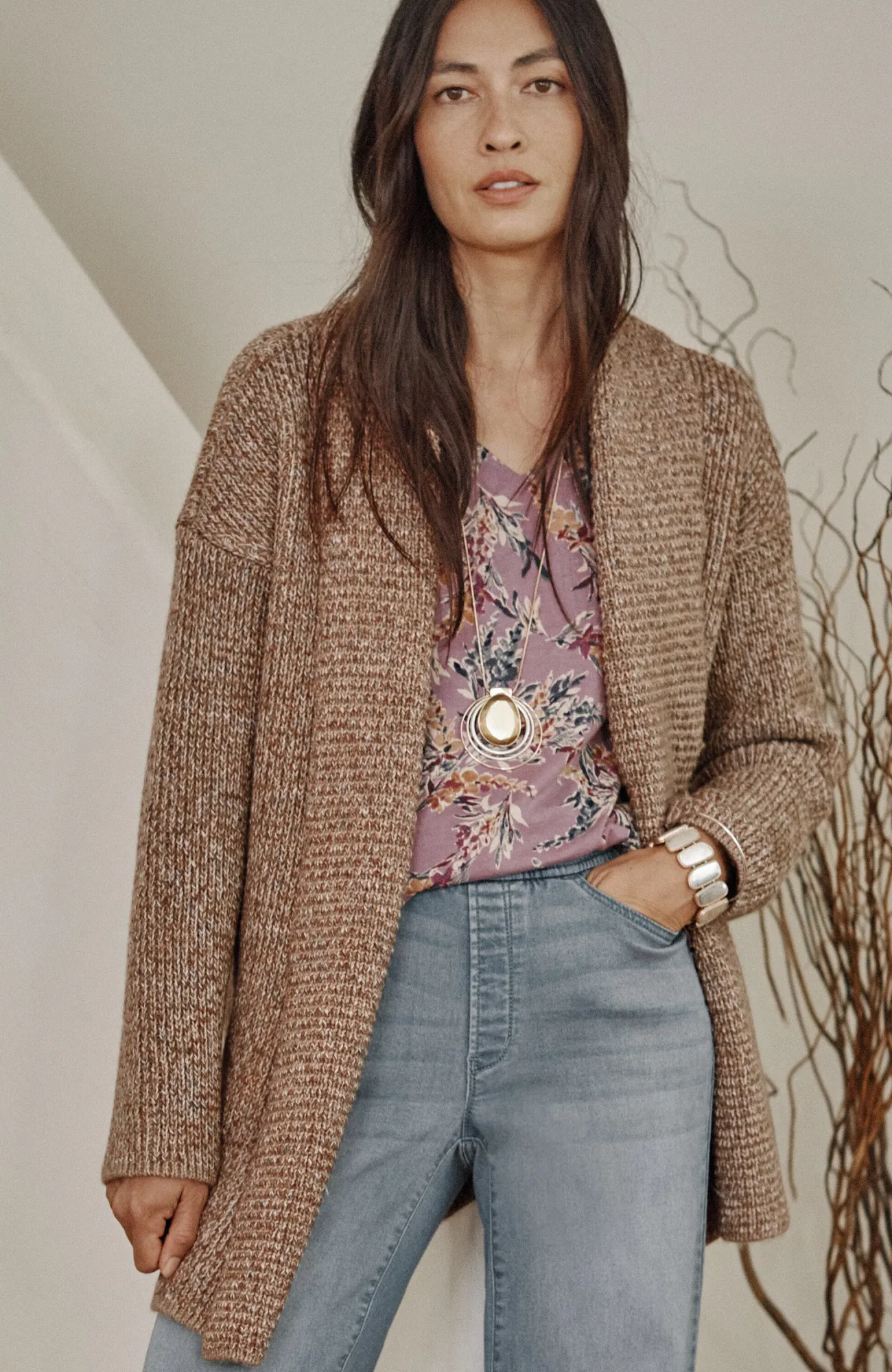 J.Jill Pure Jill Ribbed-Texture Shawl-Collar Cardi Light Toffee Multi New