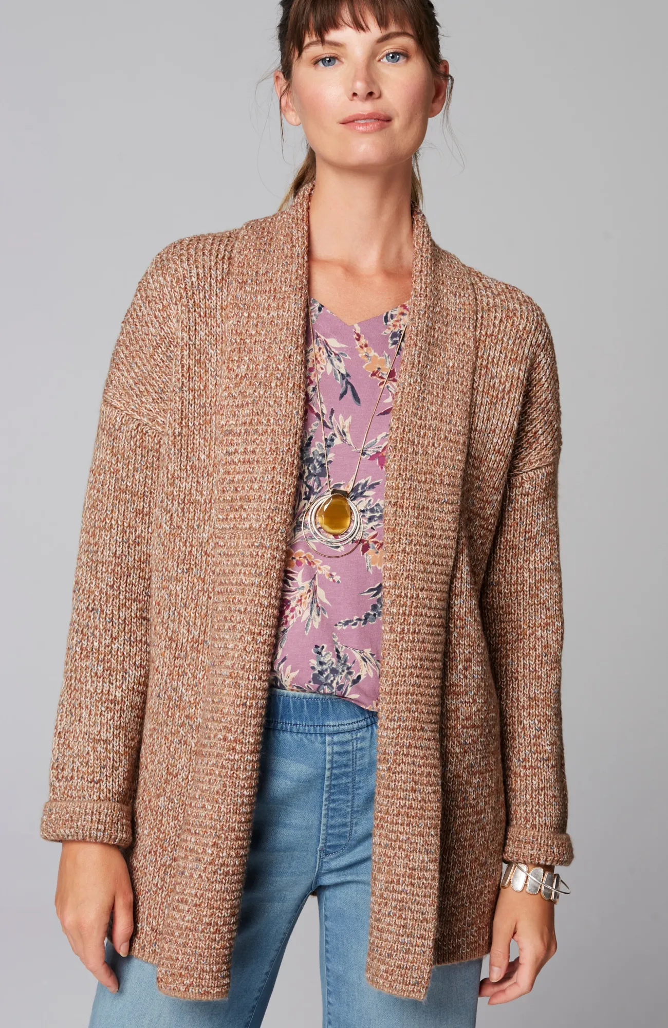 J.Jill Pure Jill Ribbed-Texture Shawl-Collar Cardi Light Toffee Multi New
