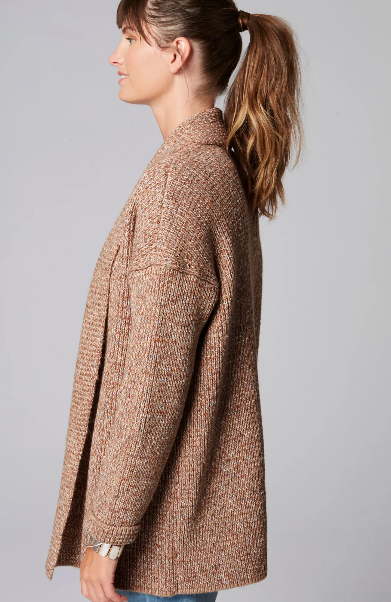 J.Jill Pure Jill Ribbed-Texture Shawl-Collar Cardi Light Toffee Multi New
